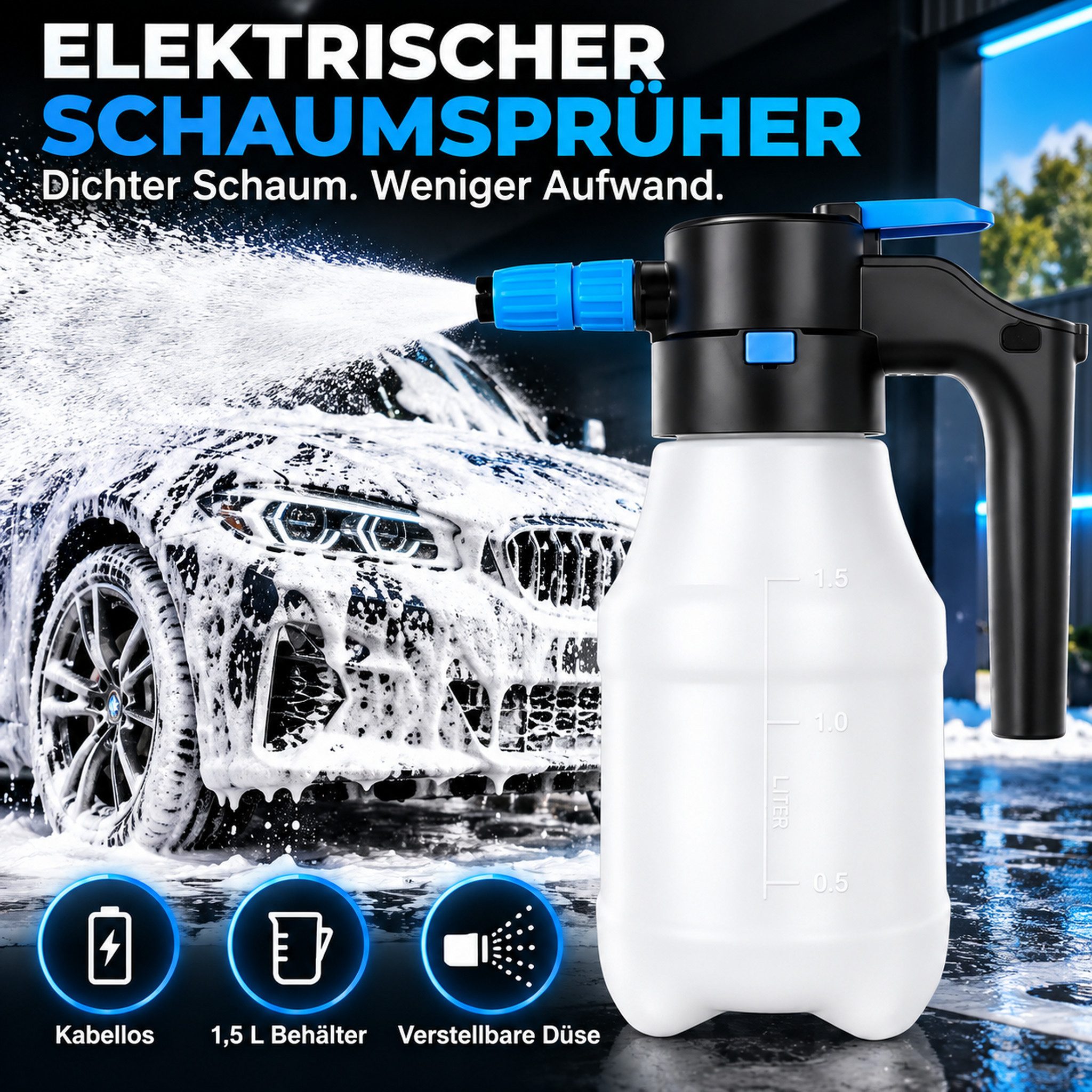 HS.SUPPLY Akku-Drucksprühgerät elektrischer Foam Sprayer, elektrischer Schaumsprüher, Auto Detailing, Mit Überdruckventil, Füllstandsanzeige & verstellbarer Düs – Bild 2 von 5