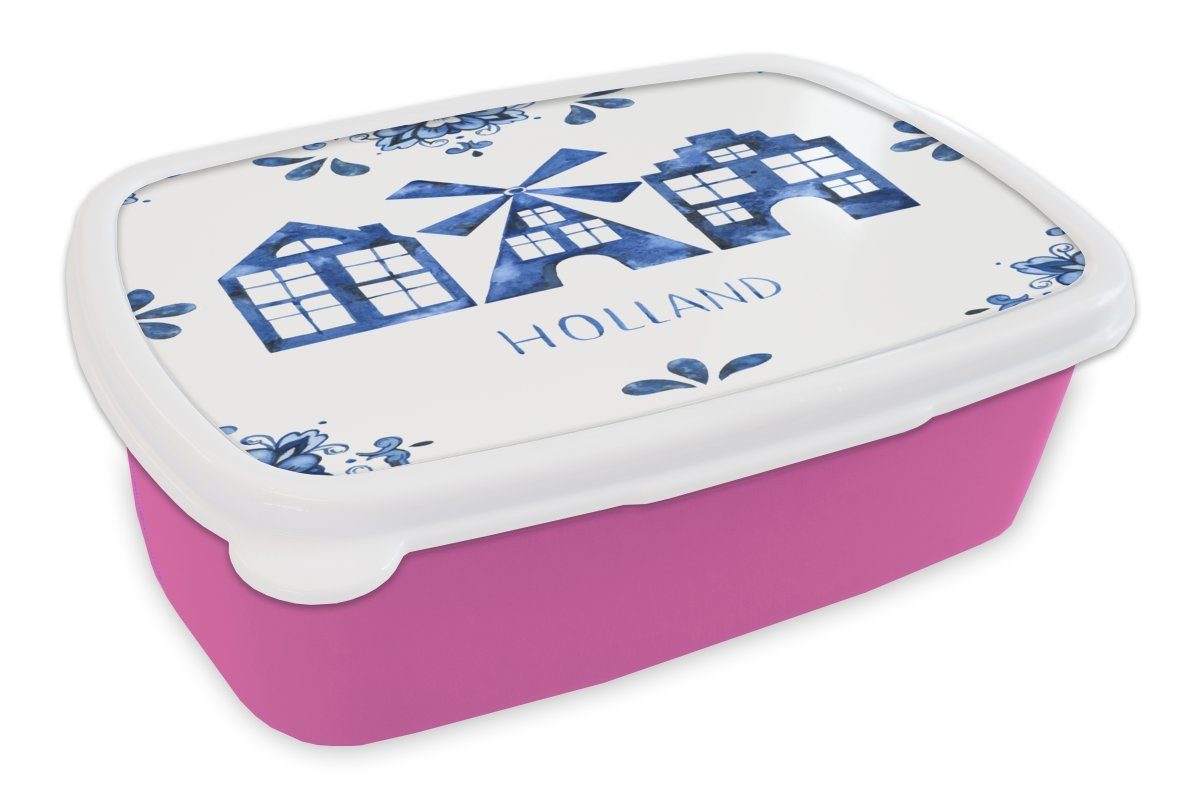 MuchoWow Lunchbox Delfter Blau - Brotdose Windmühle Snackbox, für - Haus, Erwachsene, Mädchen, Kunststoff Kinder, (2-tlg), Brotbox rosa Kunststoff