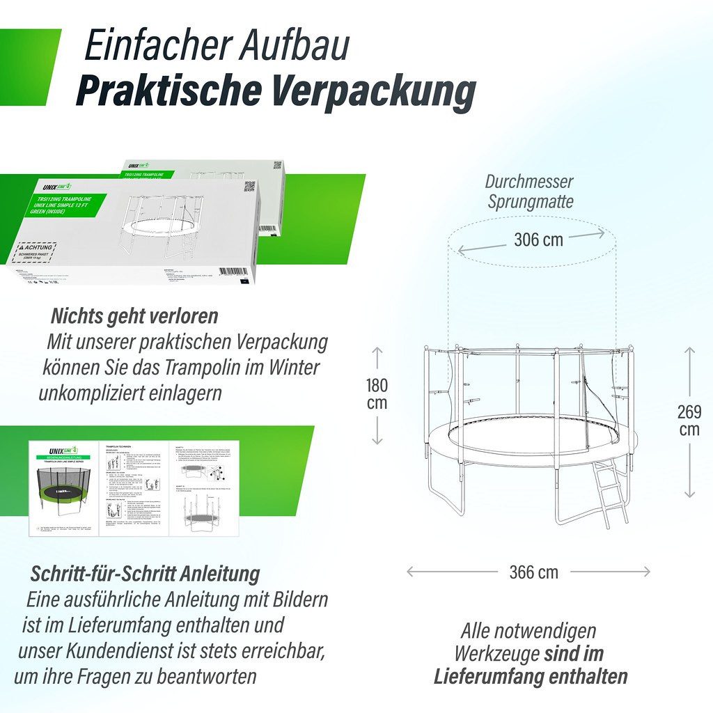 UNIXFIT Gartentrampolin Unix Line Outdoor Trampolin 244/305/366, Ø 366 cm, mit Leiter und Innensicherheitsnetz
