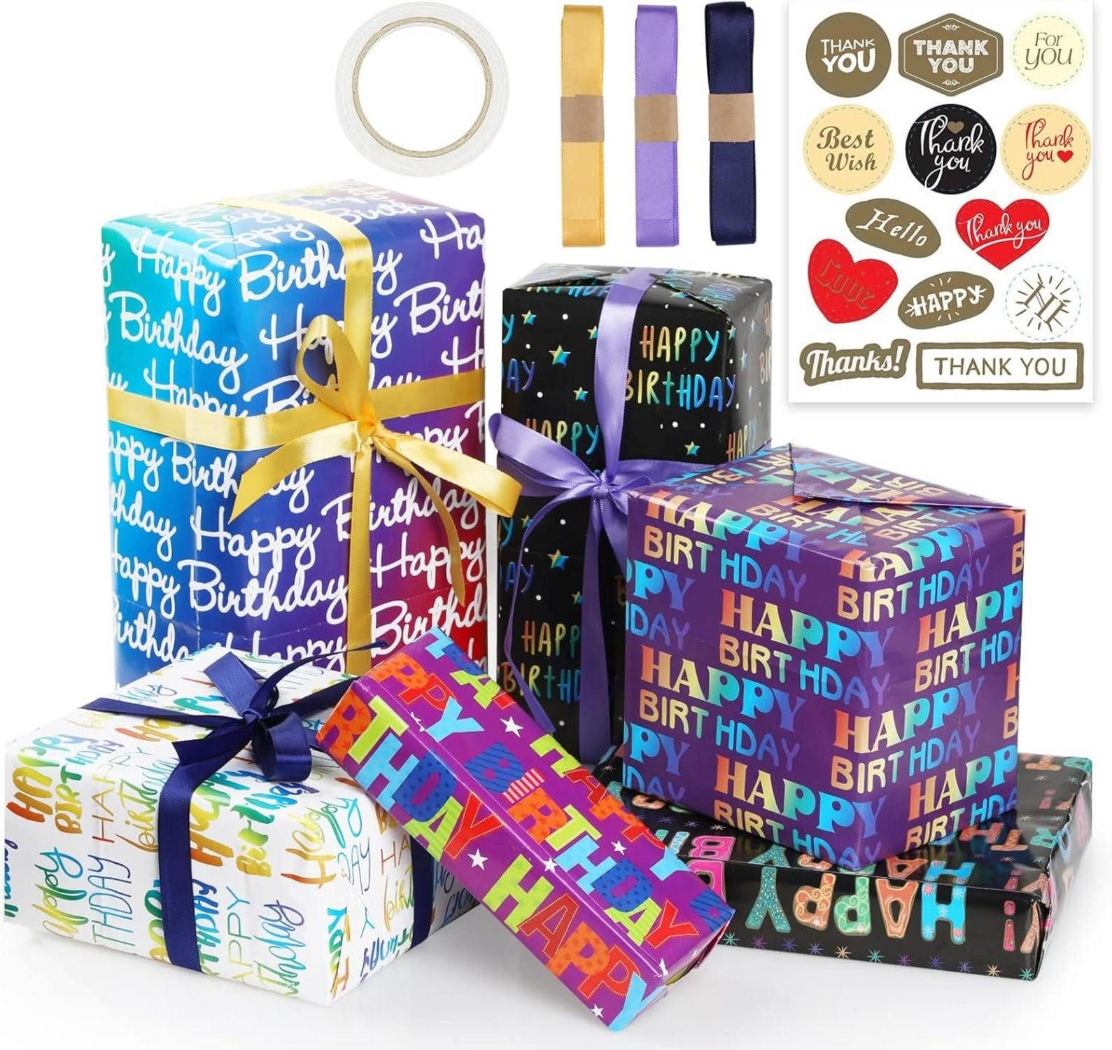 Geschenkpapier Geschenkpapier Geburtstag 6 Blätter 50x70 cm Kinder Set Band Aufkleber