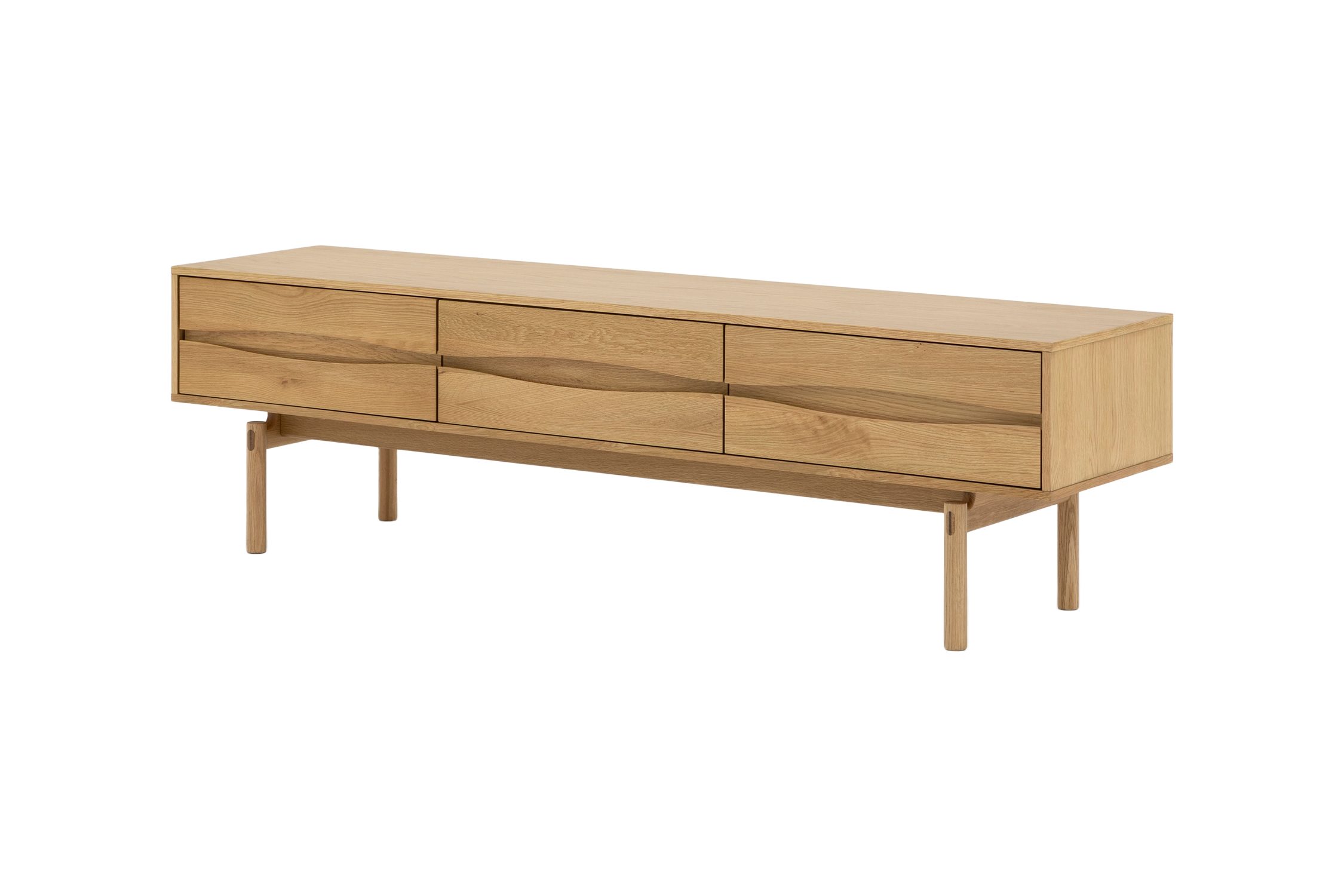 Woodek Design TV-Schrank TV-Lowboard CELESTE aus massiver Eiche natur (natur matt lackiert, 1-St., Drei Schubladen mit Soft-Close-Metallschienen) Breite 186 cm, Höhe 53 cm, Tiefe 45 cm