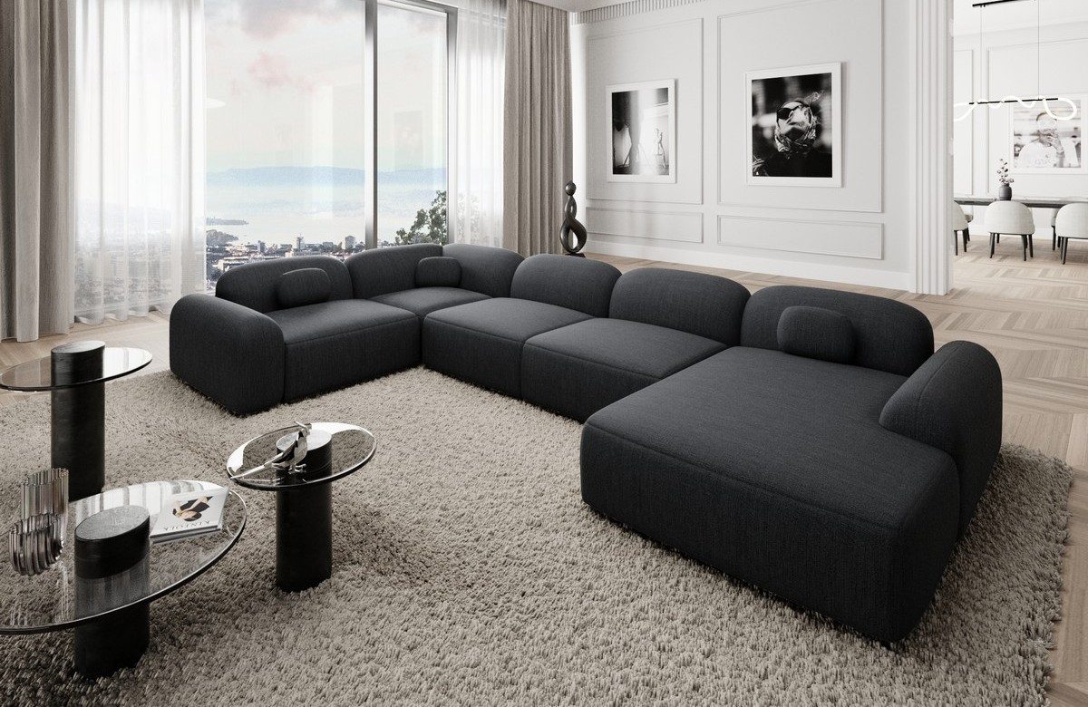 Sofa Dreams Wohnlandschaft Barcelona U Form Stoffsofa 6-Sitzer, Lounge Couch Strukturstoff Schwarz Ottomane rechts
