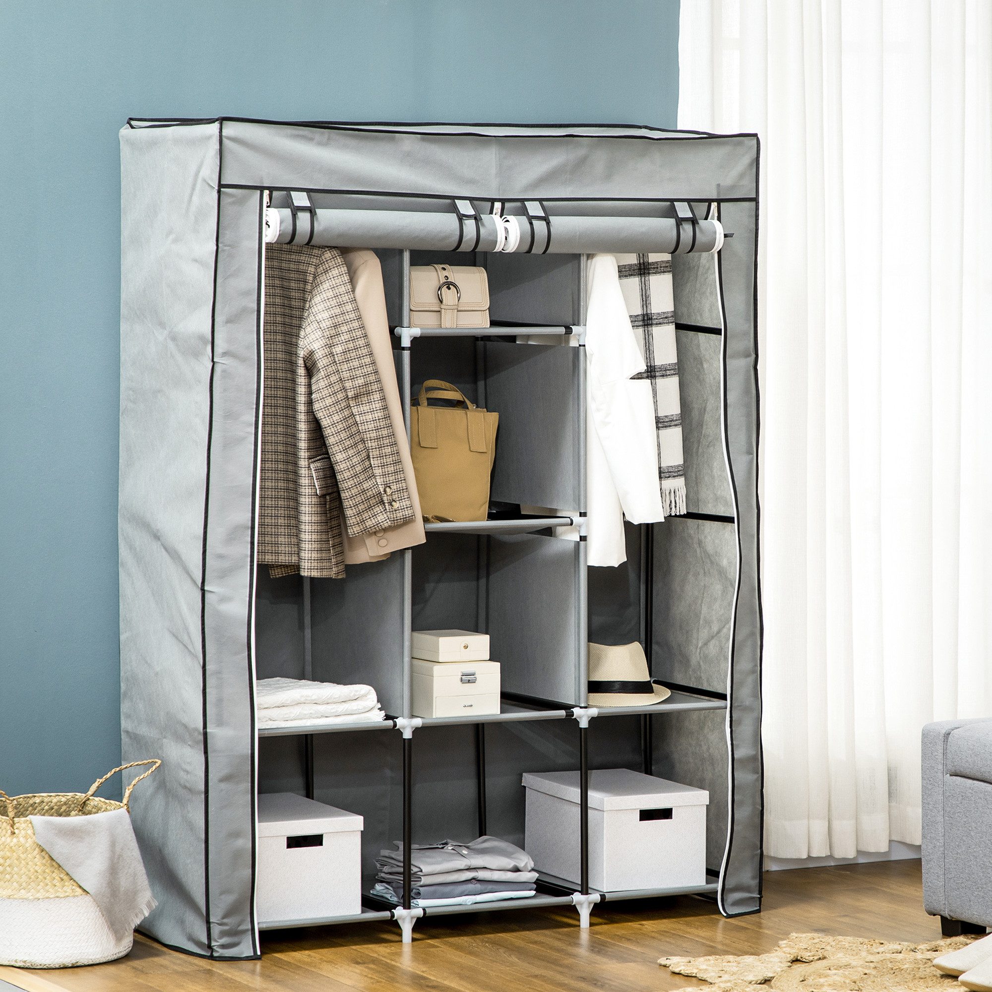HOMCOM Stoffschrank Faltschrank für Schlafzimmer, Ankleidezimmer, 125x43x162,5cm (Kleiderschrank, 1-St., Tücherschrank) Hellgrau, 125 x 43 x 162,5 cm