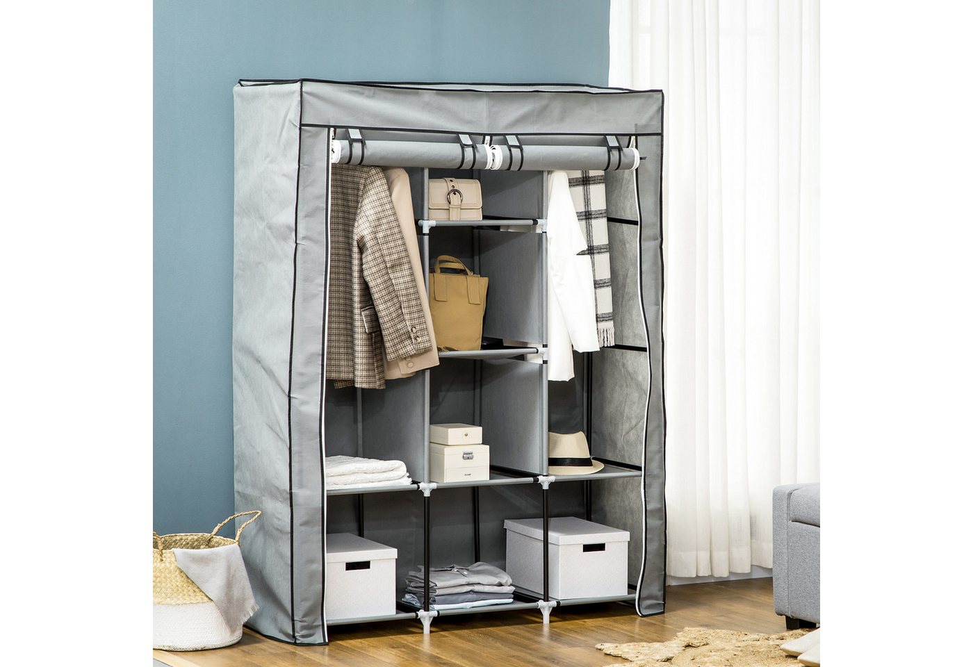 HOMCOM Stoffschrank Faltschrank für Schlafzimmer, Ankleidezimmer, 125x43x162,5cm (Kleiderschrank, 1-St., Tücherschrank) Hellgrau, 125 x 43 x 162,5 cm