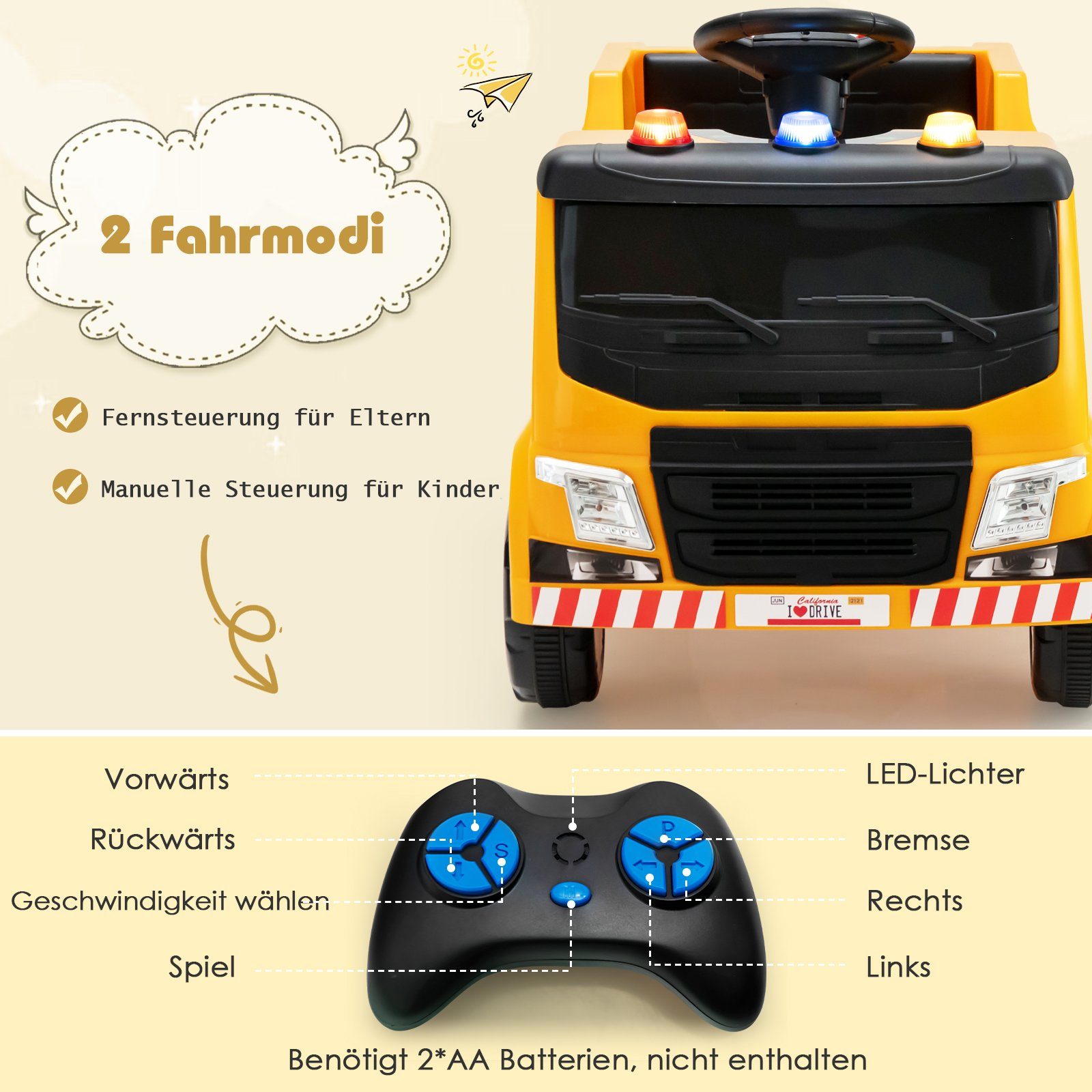 inkl. 12V gelb Müllwagen, Elektro-Kinderauto Zubehör COSTWAY 6