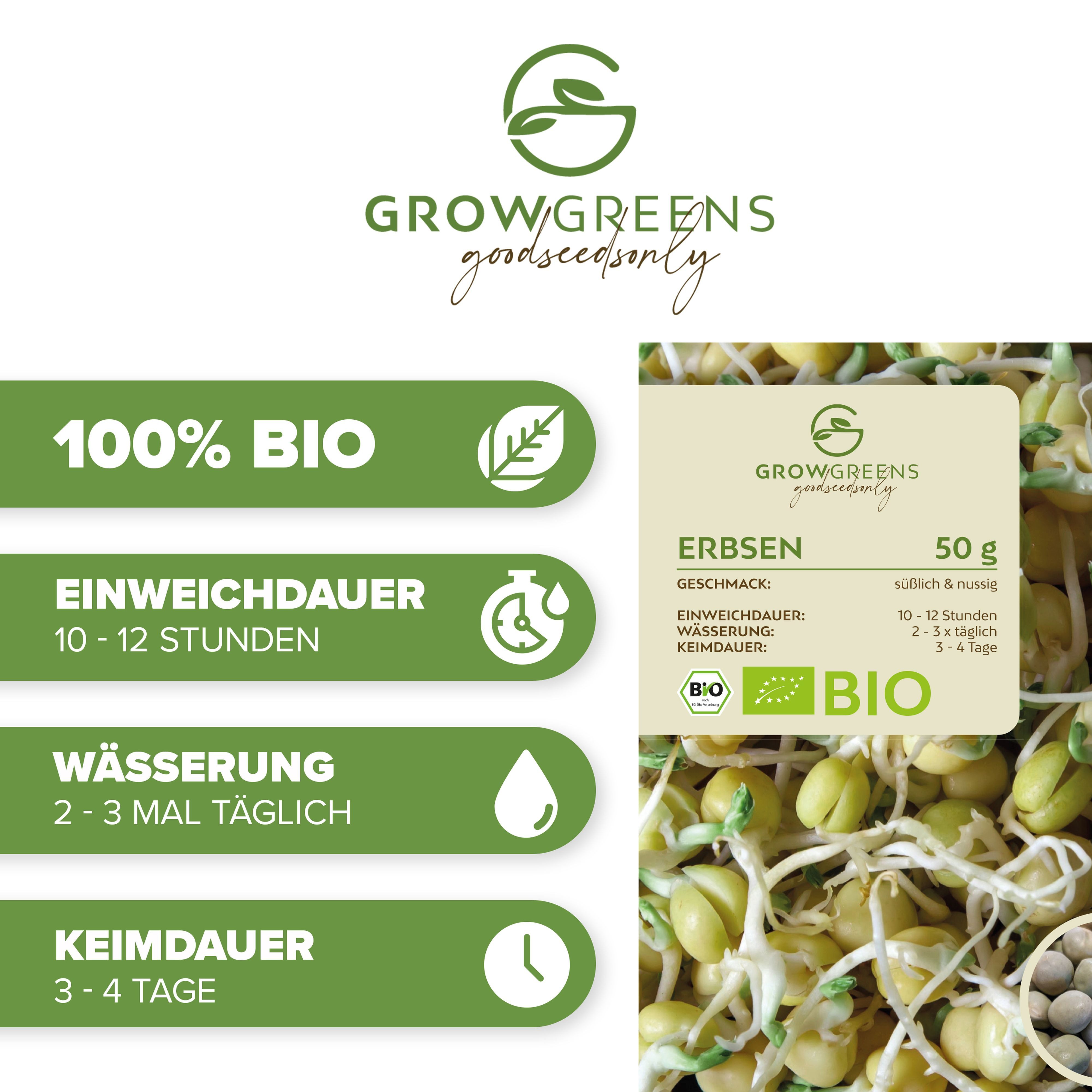Thumbnail - Growgreens Gemüsesamen Bio Erbsen Sprossen Samen (50g) - Microgreens Saatgut