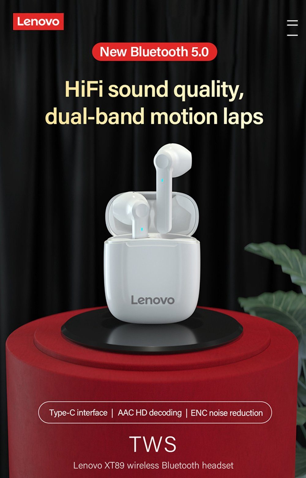 (True Wireless, 5.0, kabellos, Assistant, Kopfhörer-Ladehülle Schwarz) Stereo-Ohrhörer mit Bluetooth-Kopfhörer Google Touch-Steuerung mAh Lenovo mit Bluetooth XT89 - 300 Siri,