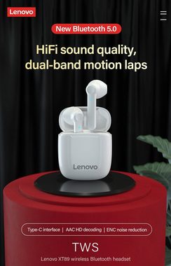 Lenovo XT89 mit Touch-Steuerung Bluetooth-Kopfhörer (True Wireless, Siri, Google Assistant, Bluetooth 5.0, kabellos, Stereo-Ohrhörer mit 300 mAh Kopfhörer-Ladehülle - Weiß)