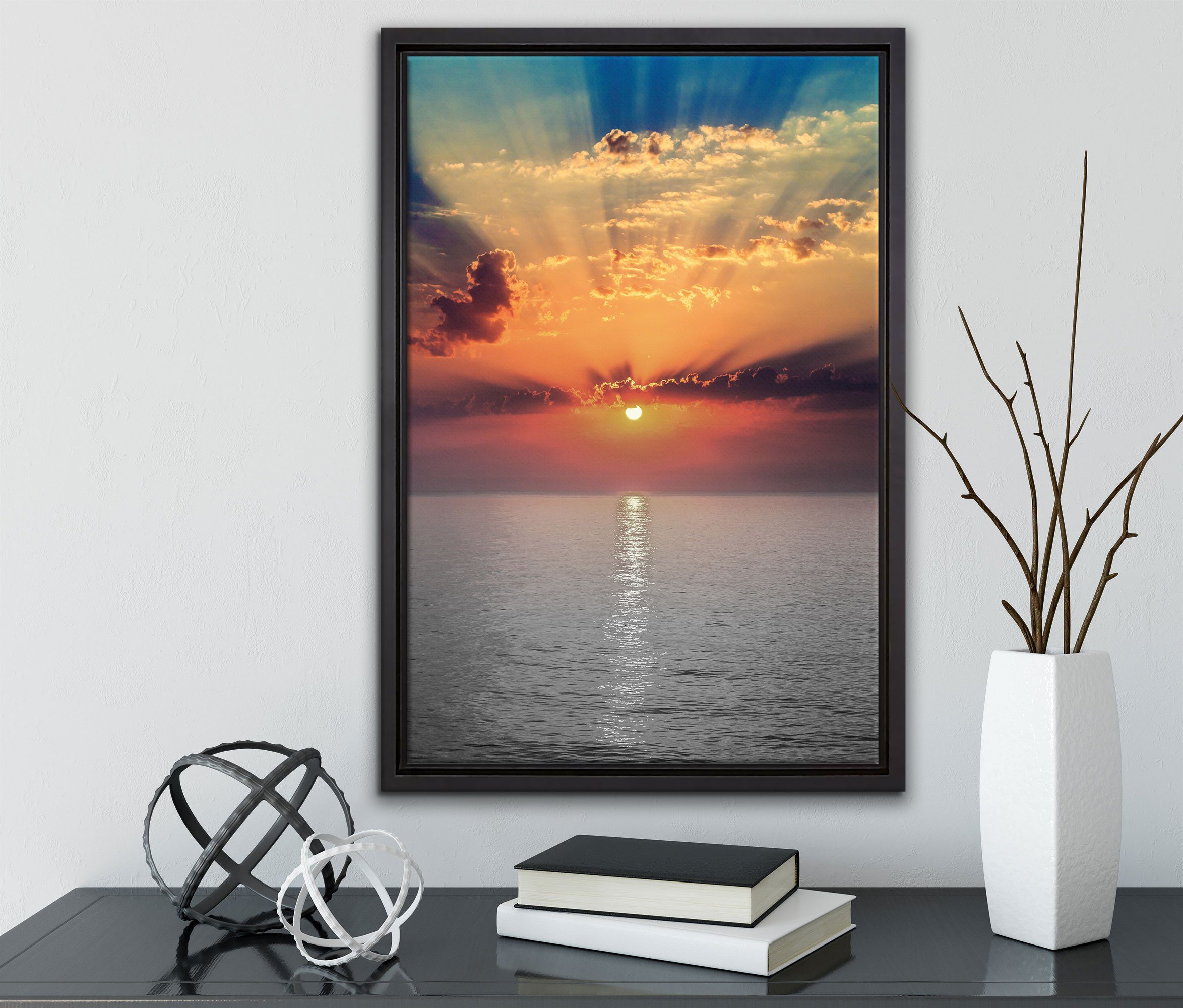 Leinwandbild Schattenfugen-Bilderrahmen Wanddekoration Meer, fertig bespannt, St), einem inkl. Leinwandbild dem Sonnenuntergang in Zackenaufhänger über Pixxprint (1 gefasst,