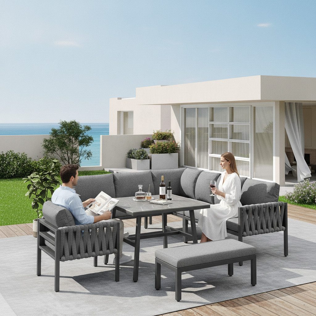 kowdom Gartenlounge-Set Gartenlounge Set Ecksofa mit Tisch, höhenverstellbar, Glasplatte, (Gartenlounge Set, 2 Sofas (238 cm & 119 cm), 1 Einzelsofa, 1 Sofabank, 1 Tisch)