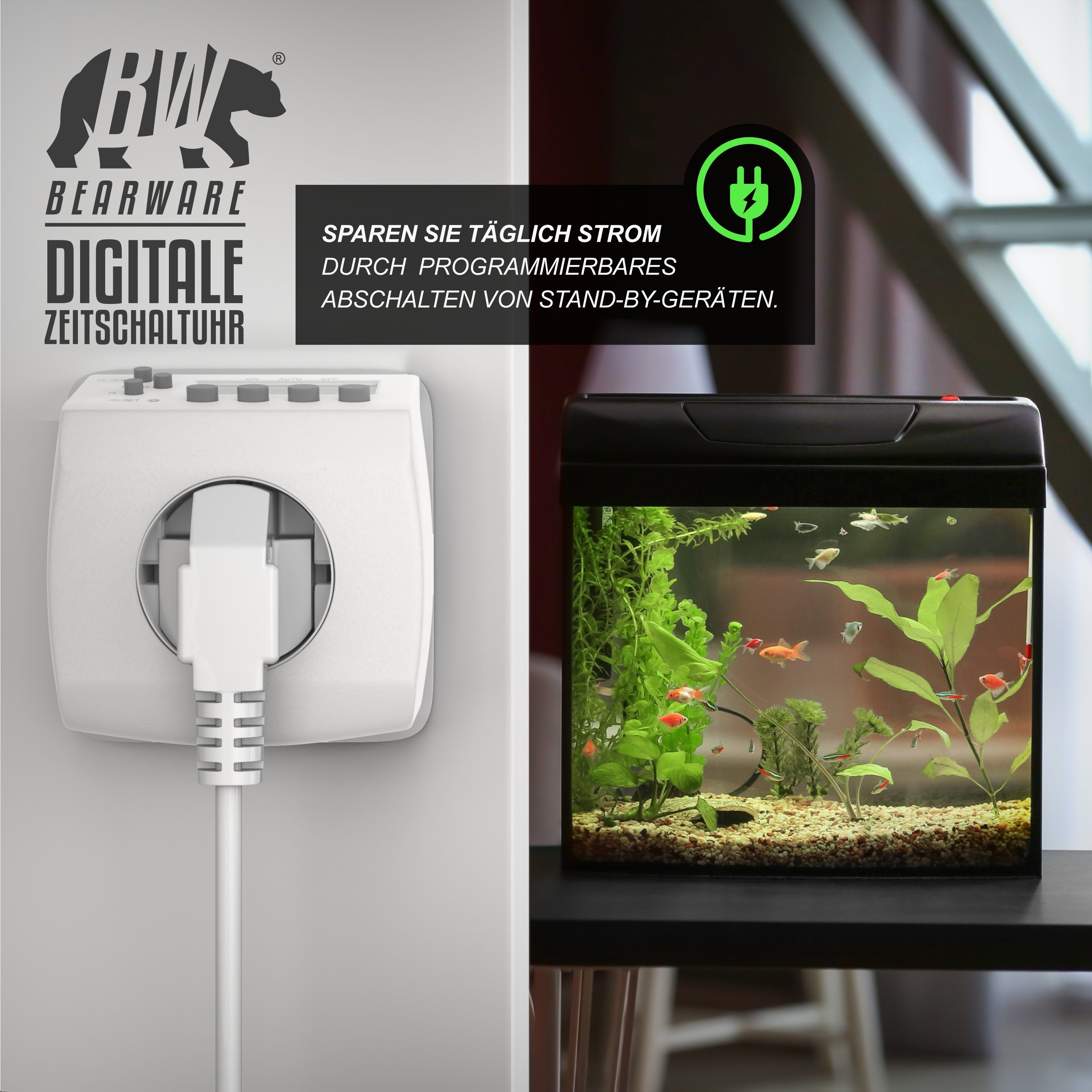 BEARWARE Zeitschaltuhr Digitaler Weekly Timer, minutengenau, LCD-Display, 3680W, digital, 1-St., 8 Programme (Wochen/Tag/Min), dt. Anleitung, Kinderschutz