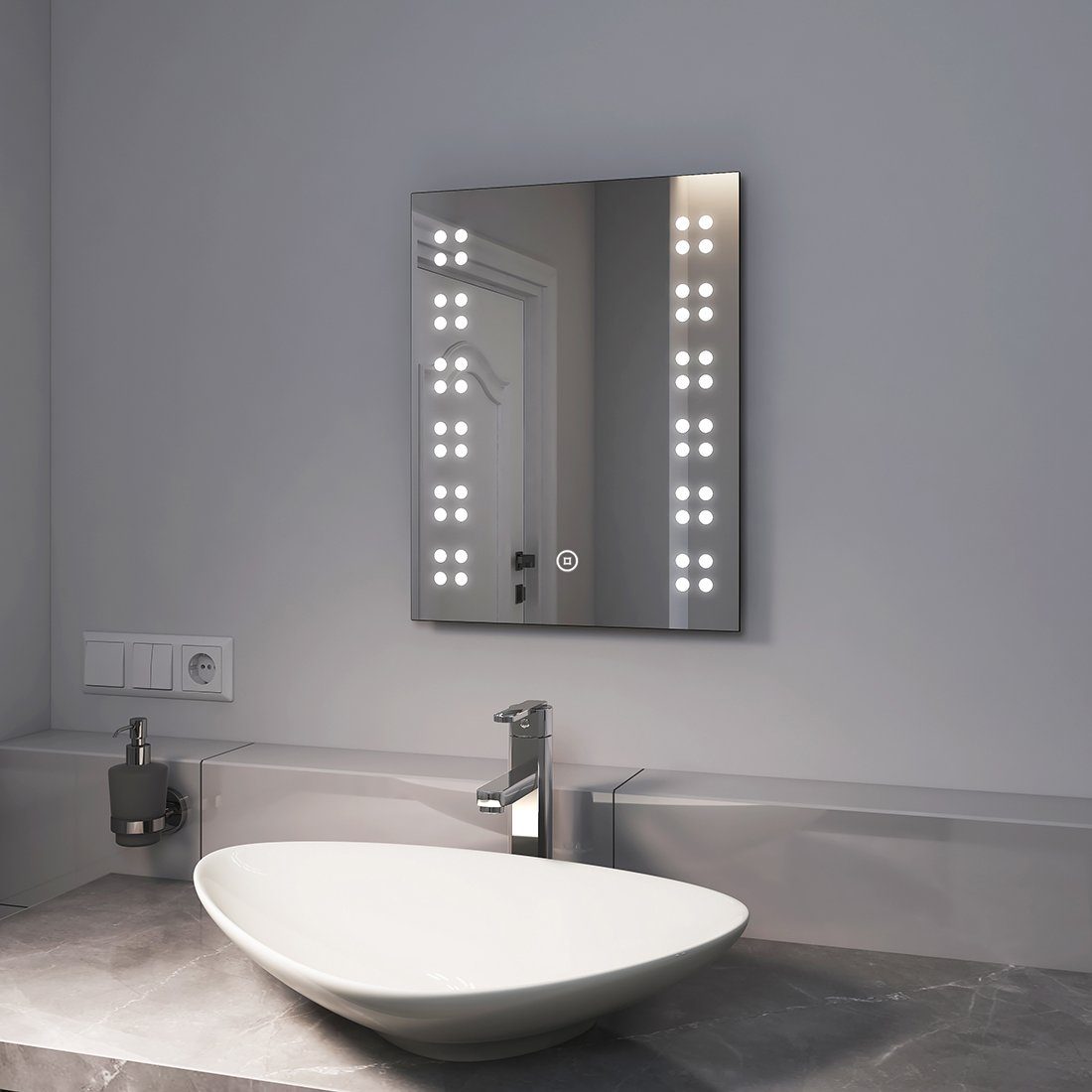 EMKE Badspiegel mit Badspiegel mit Kleiner Licht Kaltweiß LED Touchschalter, 6500K Beleuchtung Badezimmerspiegel,