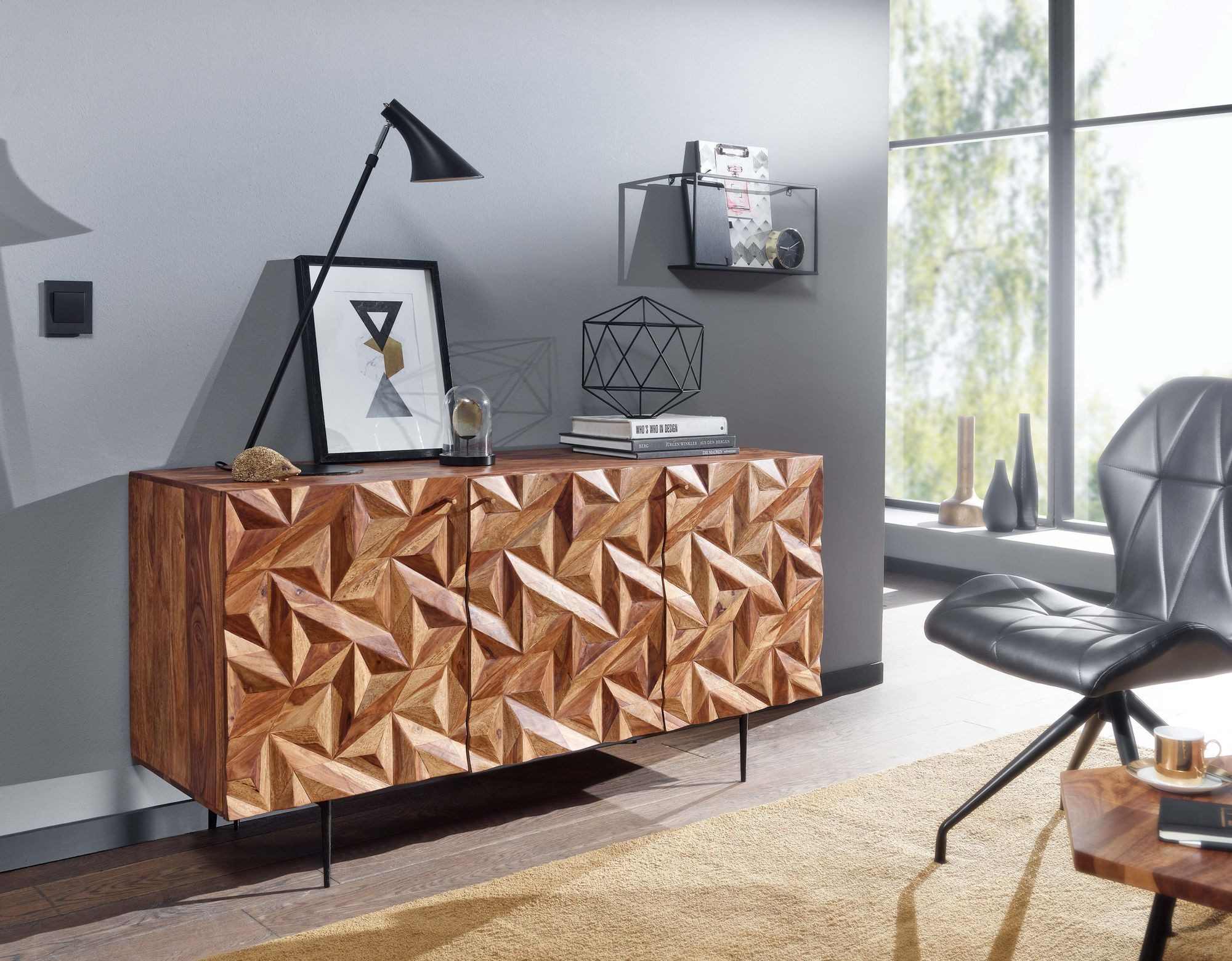 furnicato Sideboard Massivholz Walnuss Finish 144x72x47 cm Braun (1 St), Anrichte mit 3D-Fronten und viel Stauraum für dein Wohnzimmer