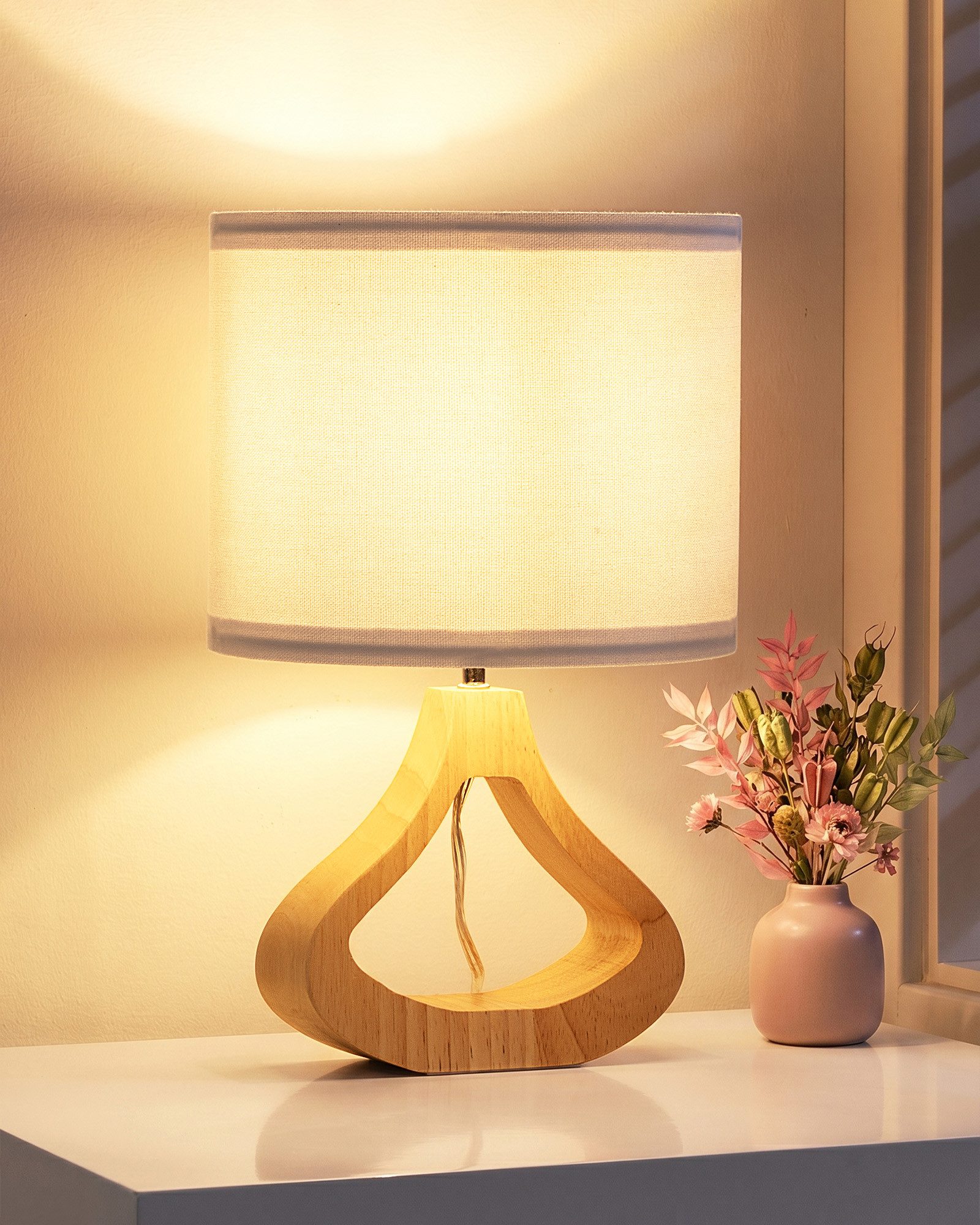 EDISHINE Nachttischlampe Höch 34cm Holz, Holzdeko, LED wechselbar, warmweiß, Lampe mit Ein-/Ausschalter, E27 Fassung mit 2700K LED-Glühbirne