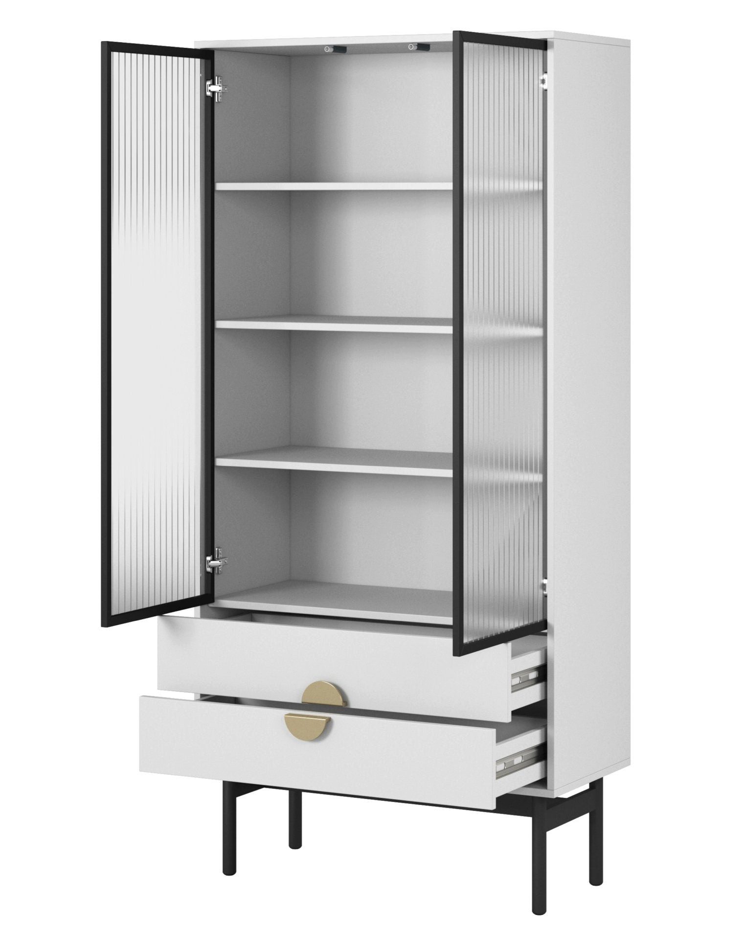 Selsey Standvitrine STOON II Moderne hohe Vitrine in Weiß mit 4 Fächern und 2 Schubladen.