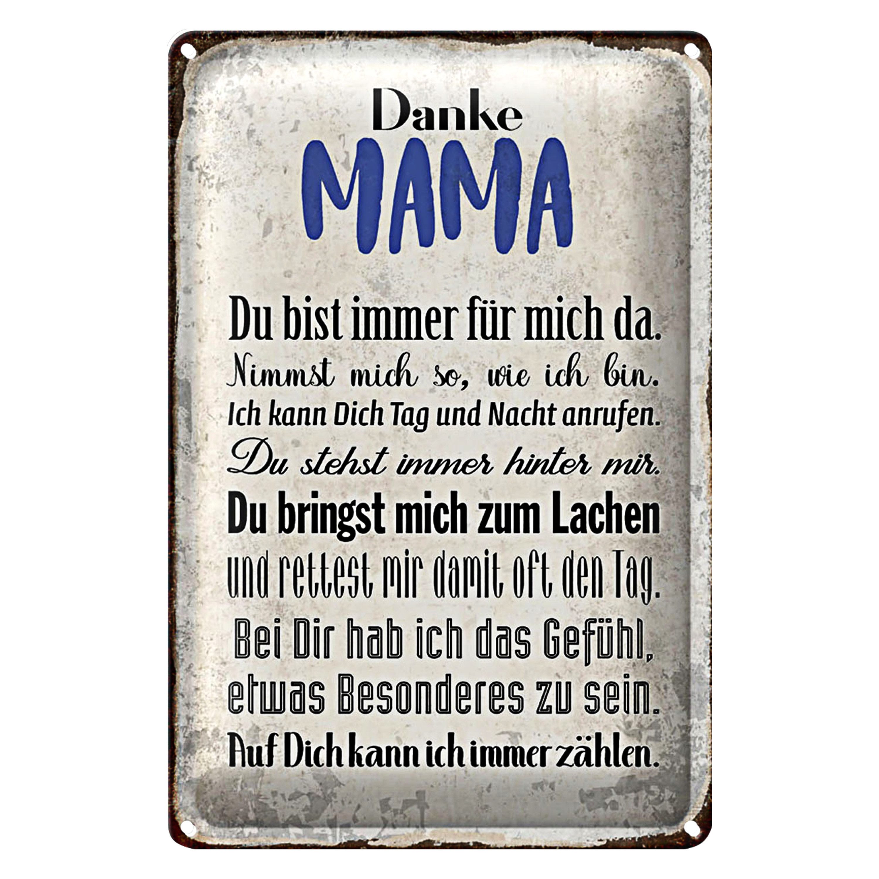 Metallschild Spruch 12x18cm Danke Mama du bist für mich da