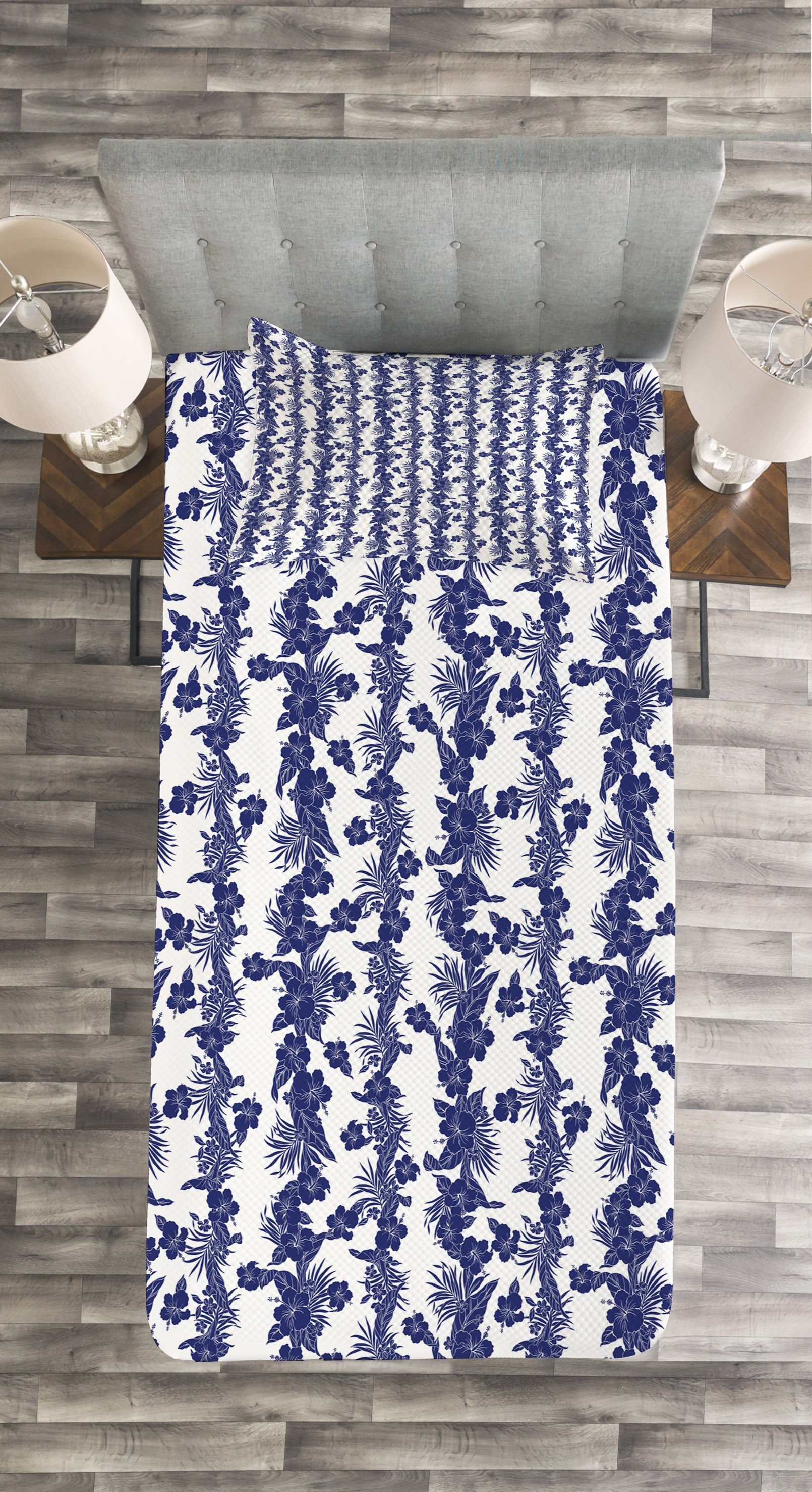 Tagesdecke Set mit Kissenbezügen Hibiscus Weiß Blau Waschbar, und Luau Abakuhaus