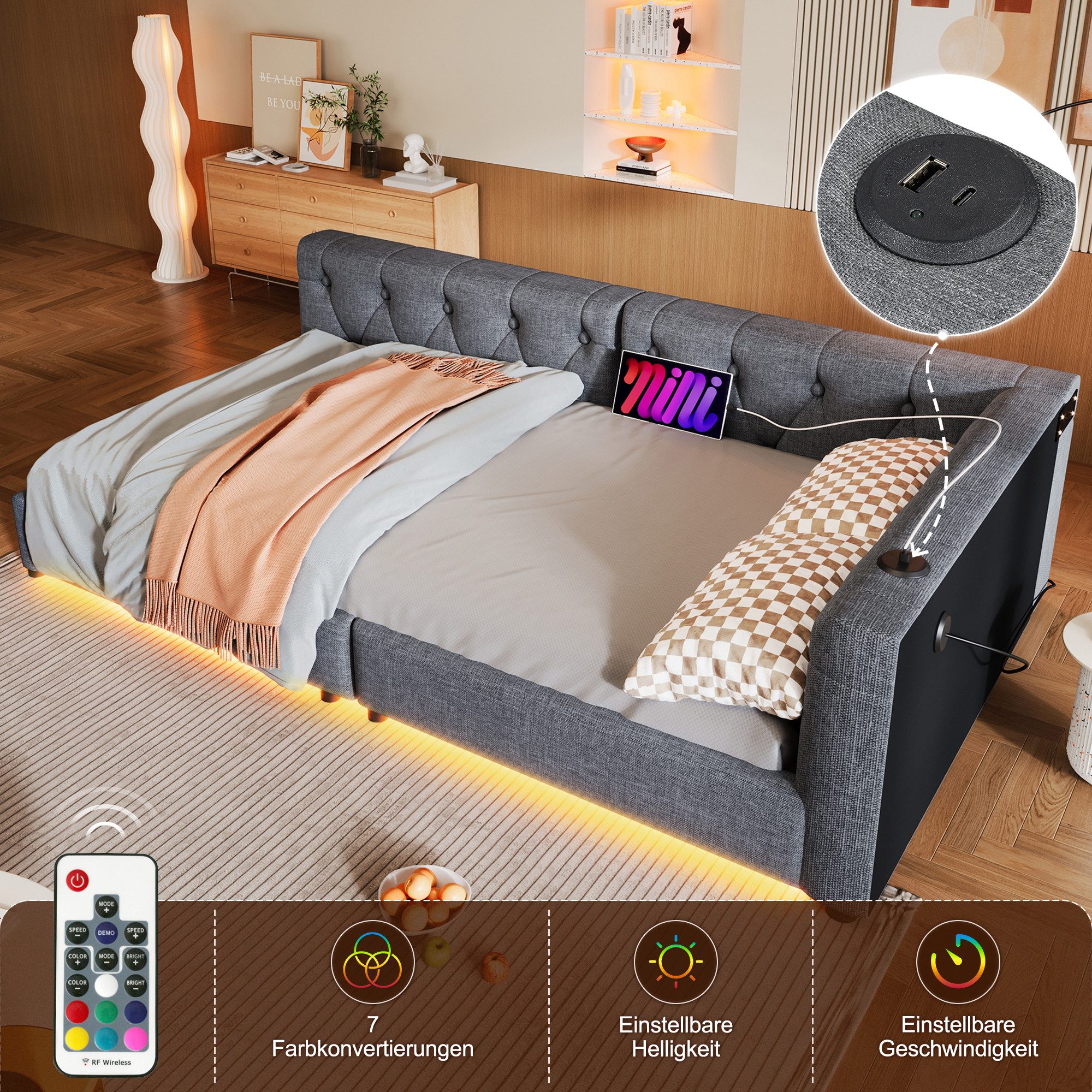 Odikalo Schlafsofa Polsterbett Daybett Lattenrost Kopfteil USB 90/140x200cm Beige/Grau
