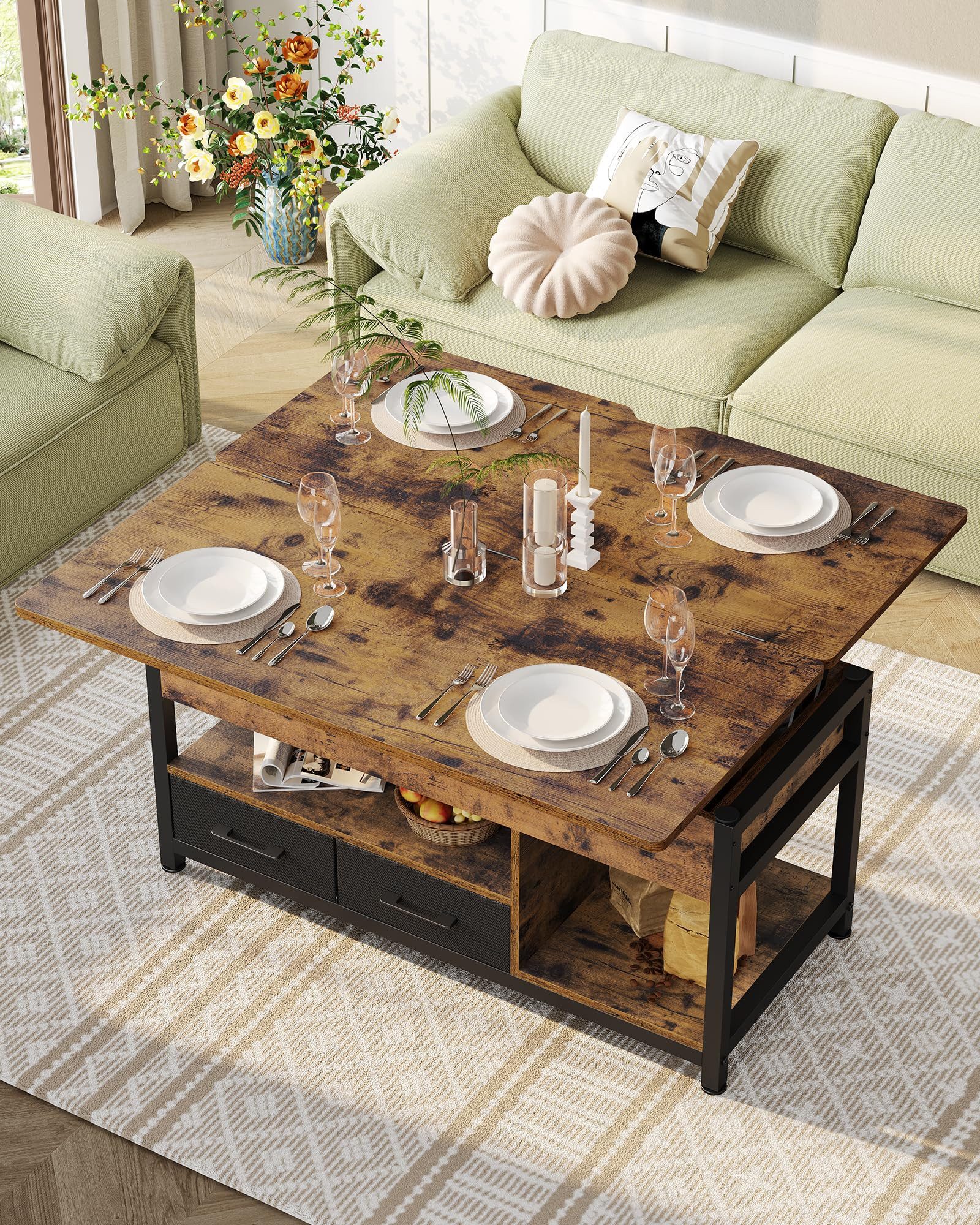 MSMASK Couchtisch 3-in-1-Multifunktions-Wohnzimmertisch mit 2 Schubladen, Kaffeetisch, Versteckte Aufbewahrung, 50T x 100B x 50H cm