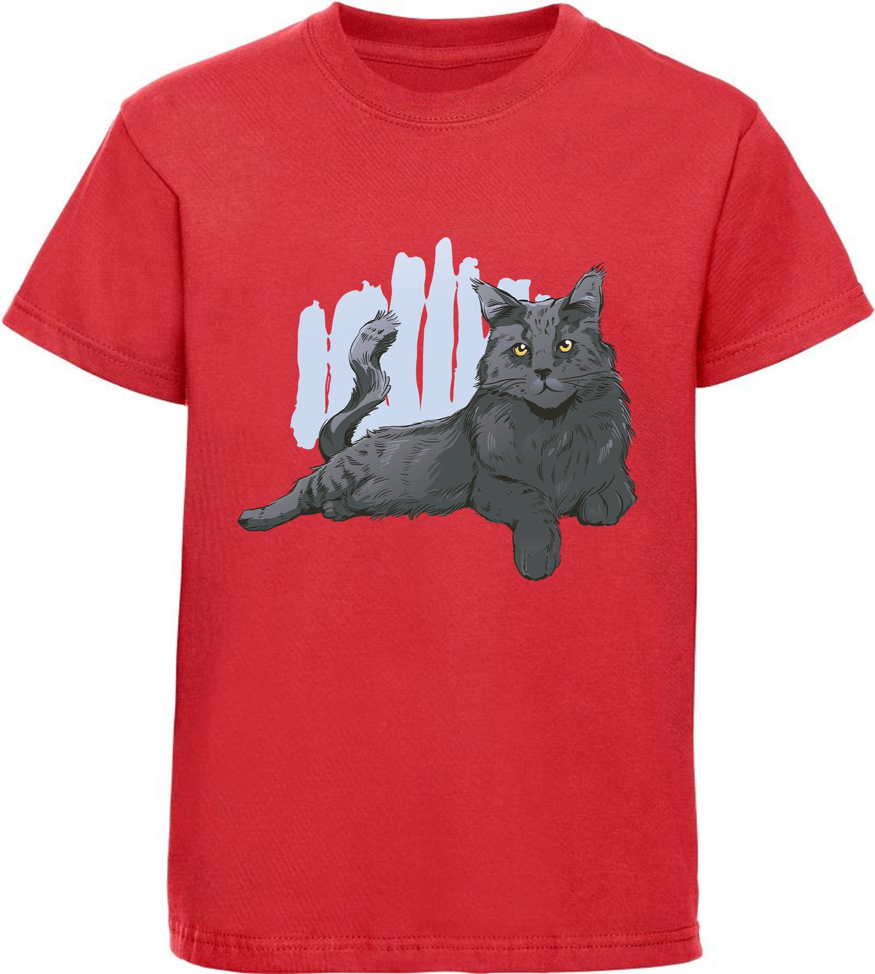 MyDesign24 Print-Shirt bedrucktes Mädchen T-Shirt mit liegender schwarzer Katze 100% Baumwolle mit Katzen Aufdruck, weiß, schwarz, rot, rosa, i108
