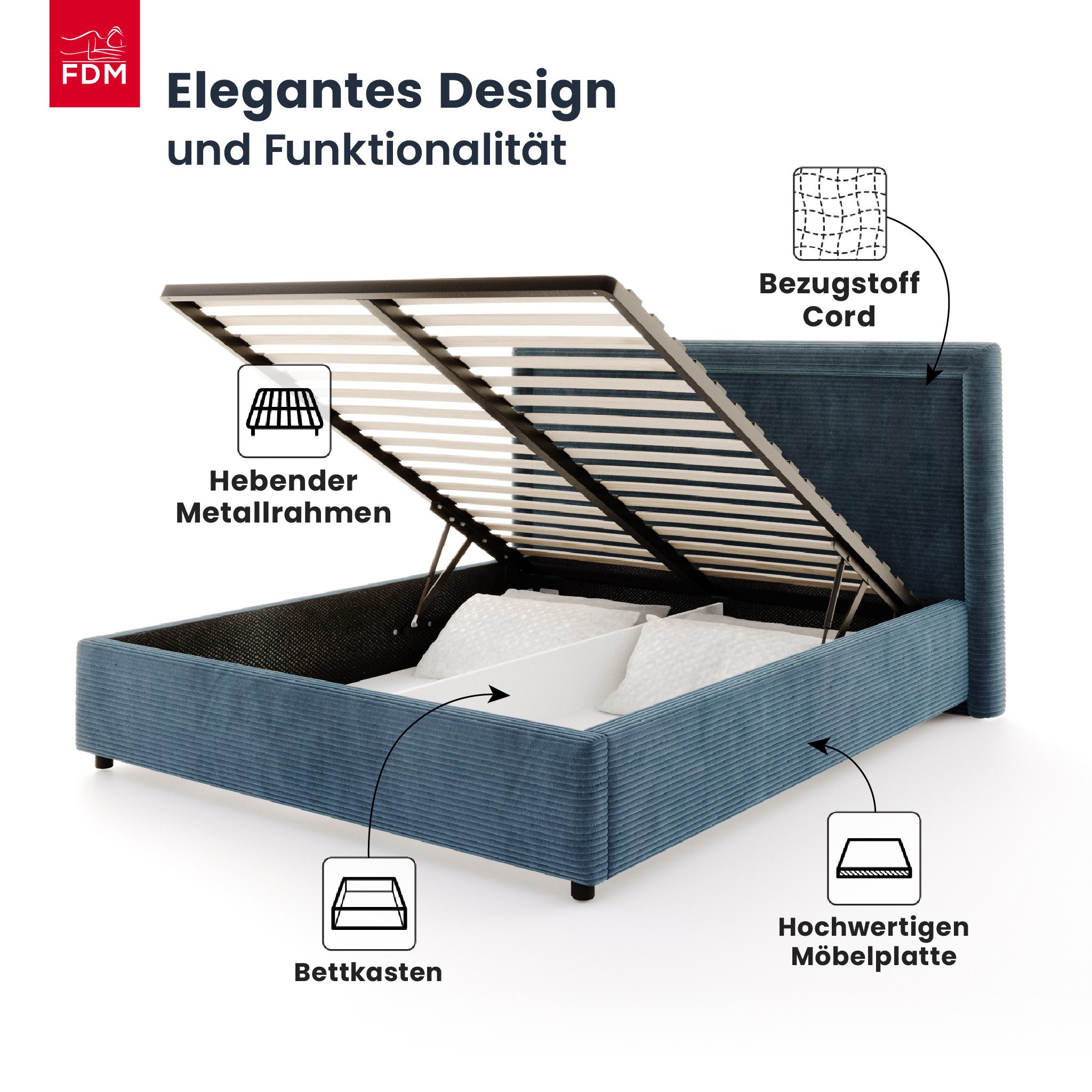 FDM Polsterbett BUSCA modern mit Bettkasten MADE IN EU - mit Cord Bezug (verfügbar 90x200 120x200 140x200 160x200 180x200cm, Bettrahmen, Bett, mit großen gepolsterten Kopfteil, mit Bettkasten zum aufklappen), Hebbarer Metallrahmen, Bettkasten, mit/ohne Matratze