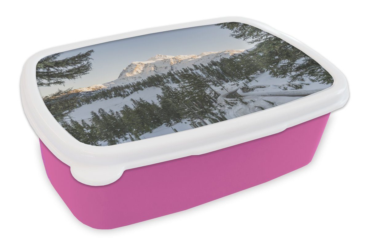 für Bergstraße Kunststoff, auf Mädchen, Brotdose Blick Landschaft MuchoWow Erwachsene, zur, mit Kinder, die Lunchbox amerikanische Kunststoff Brotbox Snackbox, (2-tlg), Eine rosa