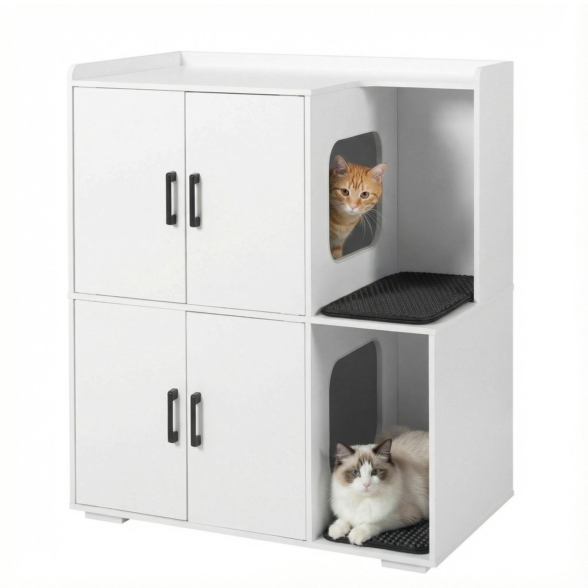 Hyaapwod Mehrzweckschrank Zweistöckiger Katzenklo‑Schrank, 2 Streu‑Matten, für 2 Katzen (1-St) 80×46,5×91,3 cm, Weiß