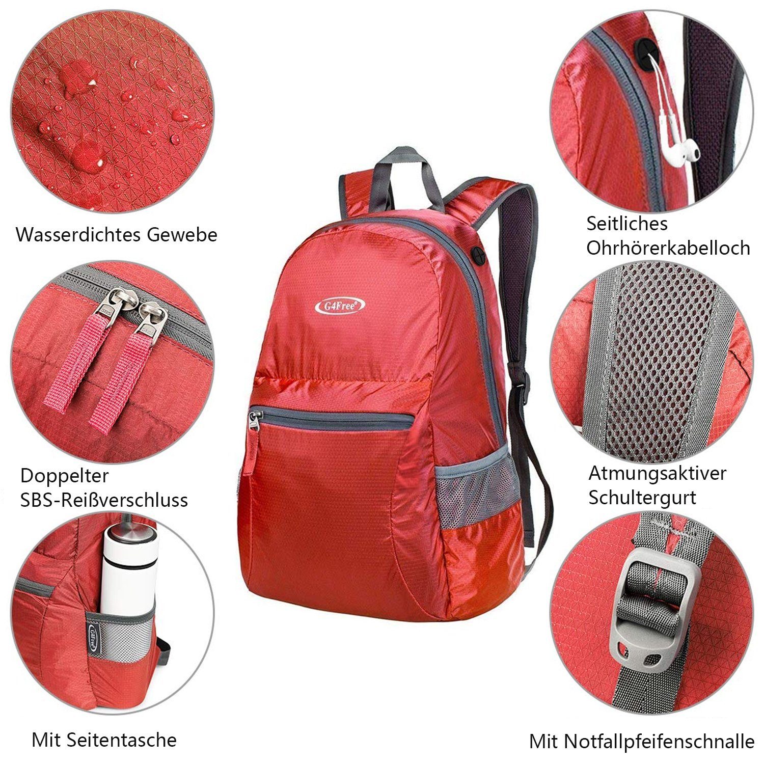 G4Free Freizeitrucksack, 20L Faltbarer Wanderrucksack Rot Ultraleichter Daypack
