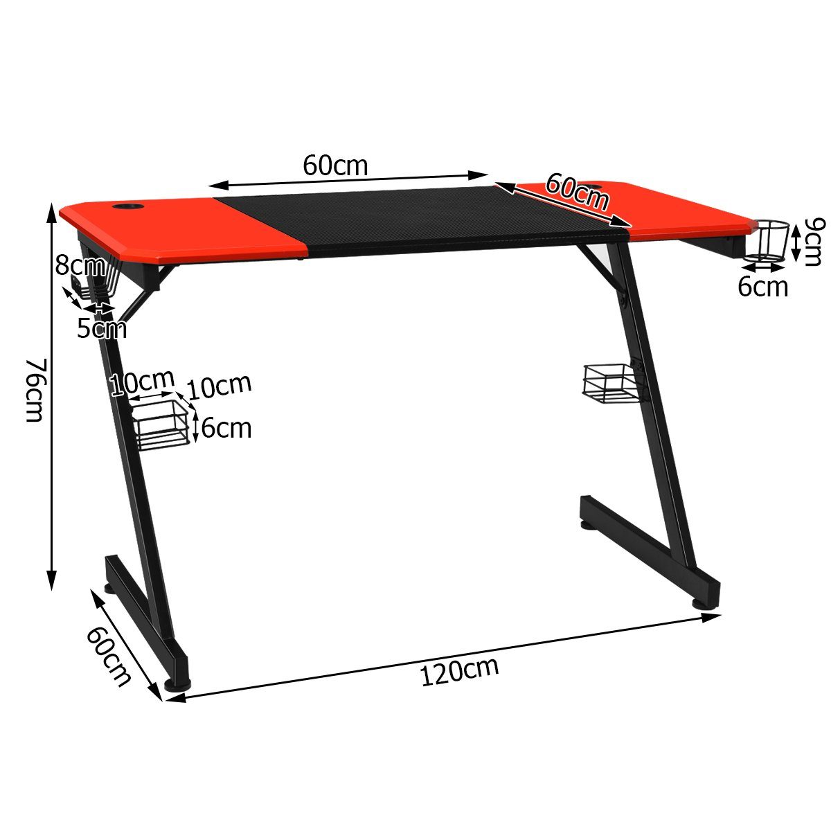 Ständern & 120cm, Haken Gamingtisch, praktischen Becherhalter, COSTWAY Schwarz 2 + Rot mit