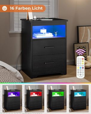 MSMASK Nachttisch Sofatisch mit LED-Beleuchtung, Nachtschrank mit Ladestation (1-St), USB-Anschlüssen, 2 Schubladen für Schlafzimmer, Wohnzimmer