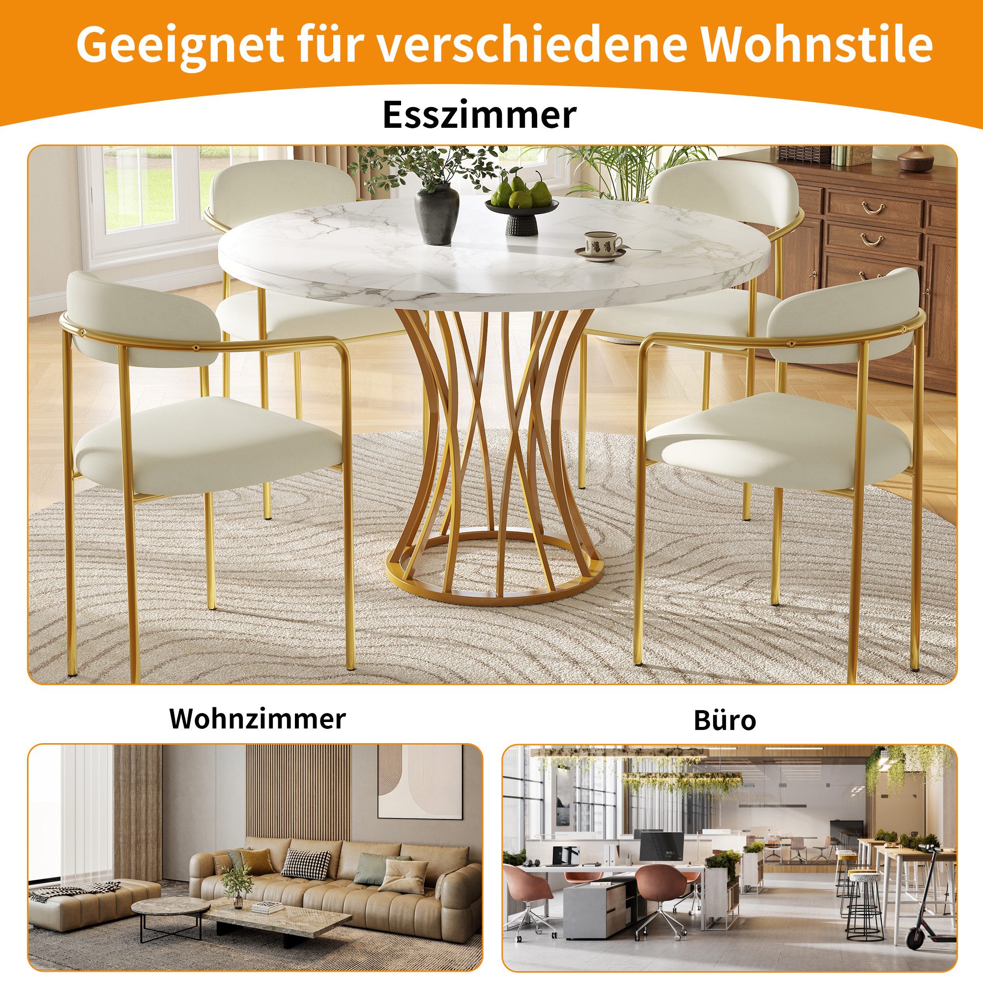 MC Star Esstisch Runder Esstisch, leichter und luxuriöser runder Tisch für 4-6 Personen (geeignet für Esszimmer und Wohnzimmer, MDF marmorierte Tischplatte, goldene Beine)