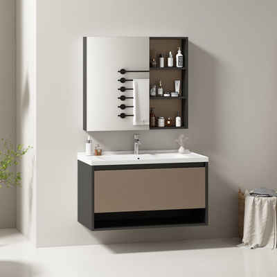 BlingBin Badmöbel-Set Waschbeckenunterschrank hängend mit Keramikwaschbecken Spiegelschrank, (Komplett-Set, 3-St., 3er Set), Waschbeckenunterschrank 90cm breit
