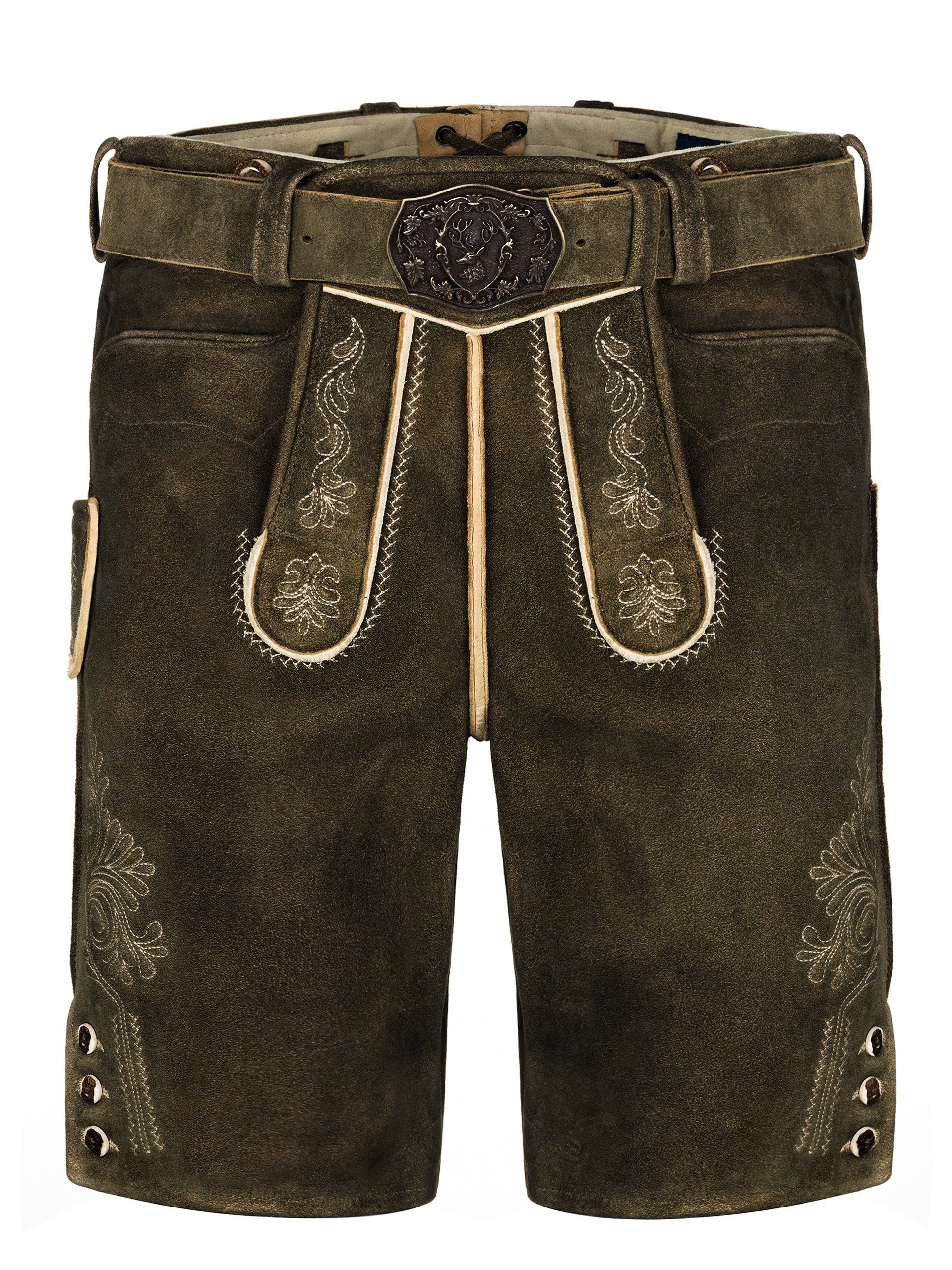 Trachtenlederhose (2-tlg) Almbock dunkelbraun Trachtenhose mit Graz Gürtel Wildbock