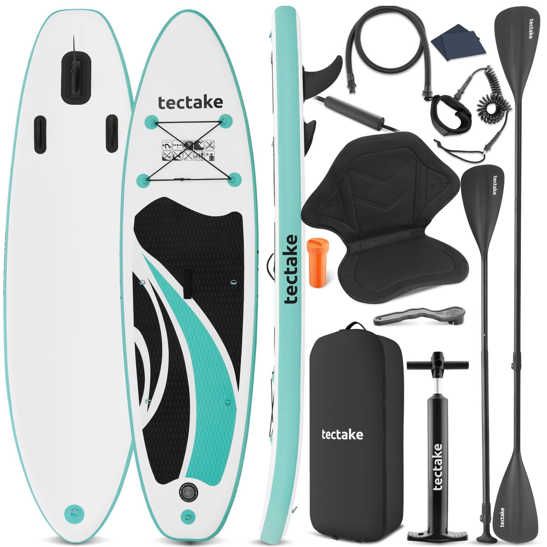 tectake SUP-Board Aufblasbares Paddle Board 2in1 mit Kajaksitz, Drop-Stitch, Stand-up Paddle, (Sup Board Mit Kajaksitz Zenon, in Weiß/türkis), Belastbar bis 200 kg, Inkl. Zubehör, verstellbares Doppelpaddel