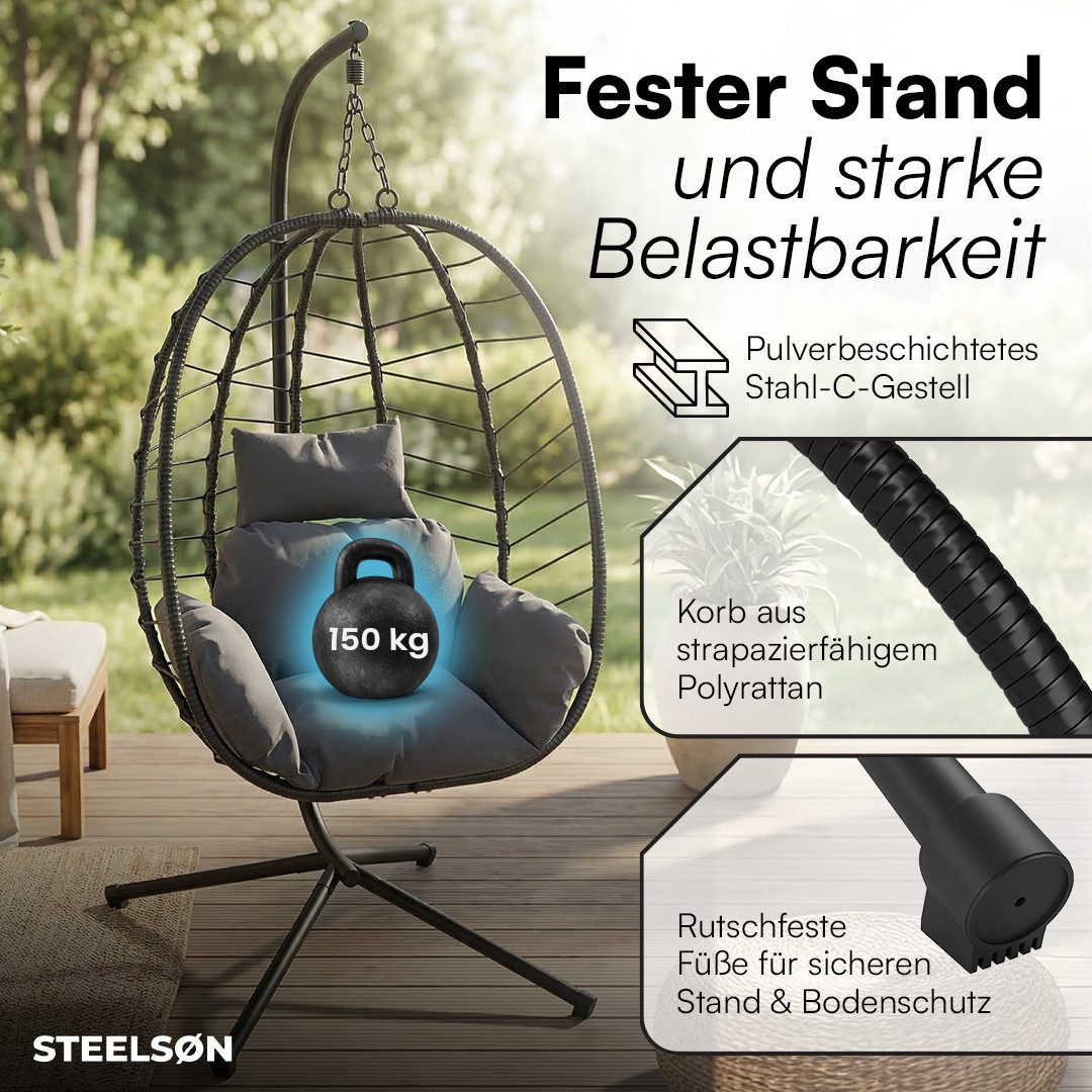 STEELSØN Hängesessel Alarian höhenverstellbar und faltbar (dunkelgrau/schwarz, mit Gestell und Sitzkissen, bis 150 kg belastbar), mit großem Korbsitz für indoor & outdoor, aus Polyrattan