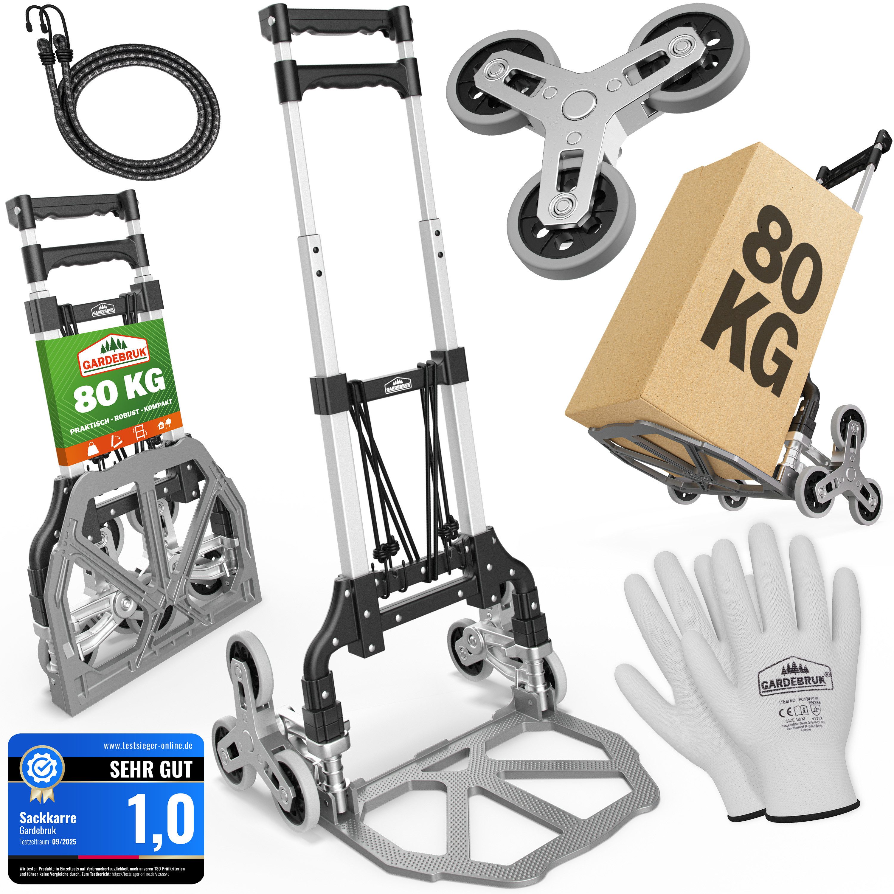 Gardebruk Sackkarre, Aluminium Treppenkarre klappbar 80 kg inkl. Handschuhe Transport