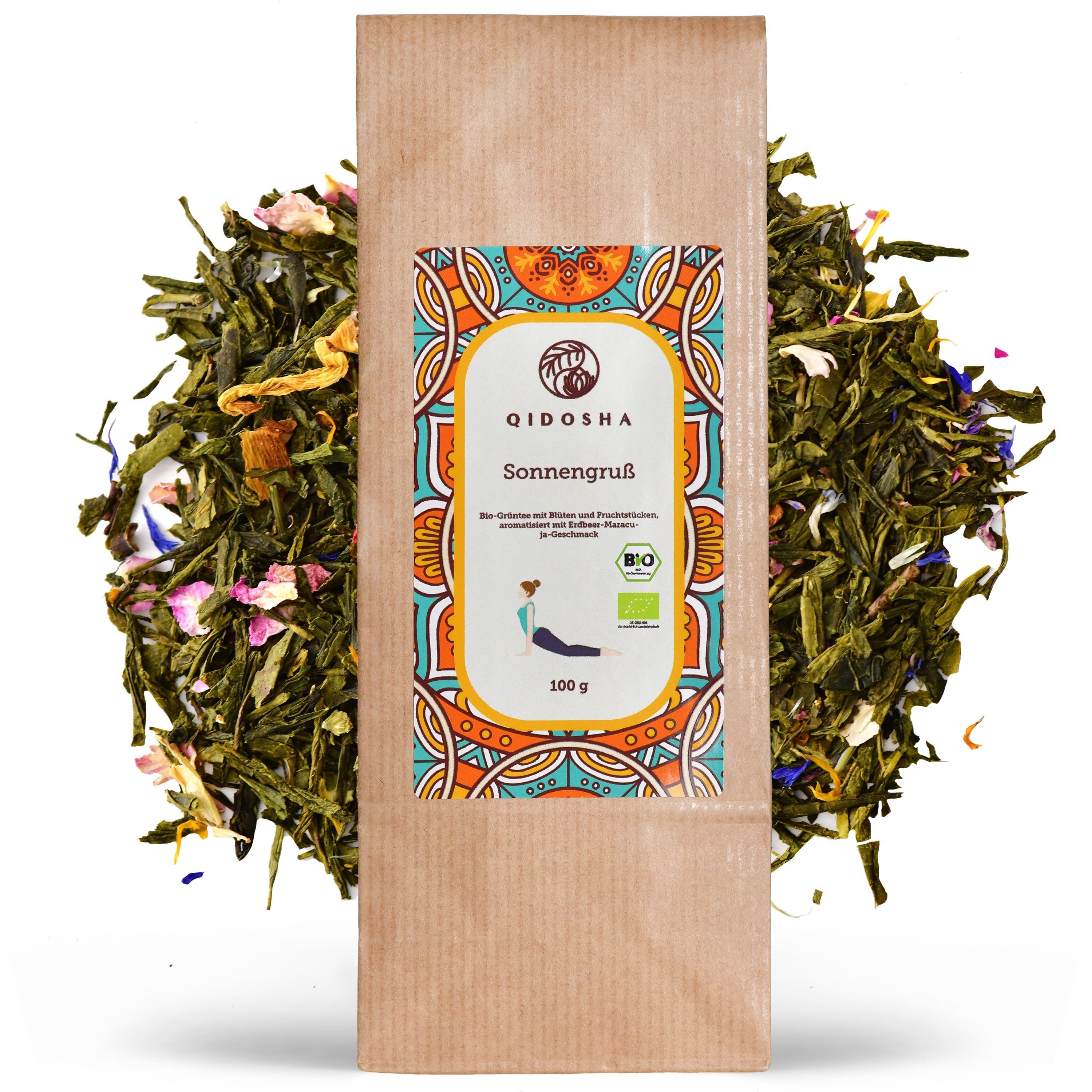 QIDOSHA BIO-Grüntee Sonnengruss Loser Tee, Grüner Tee mit Rosenblütenblättern, Erdbeer- und Maracuja-Fruchtstücken, Bergamotte-Öl, Ringel- und Sonnenblumenblüten - BIO-Qualität à 100 g