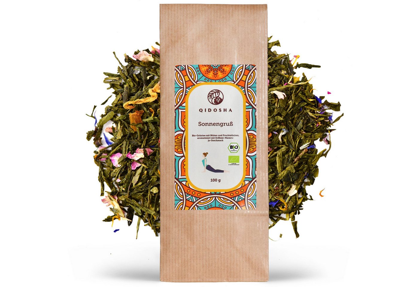 QIDOSHA BIO-Grüntee Sonnengruß Loser Tee, 100 g, Aromatisierter Bio-Grüntee mit Blüten und Früchten