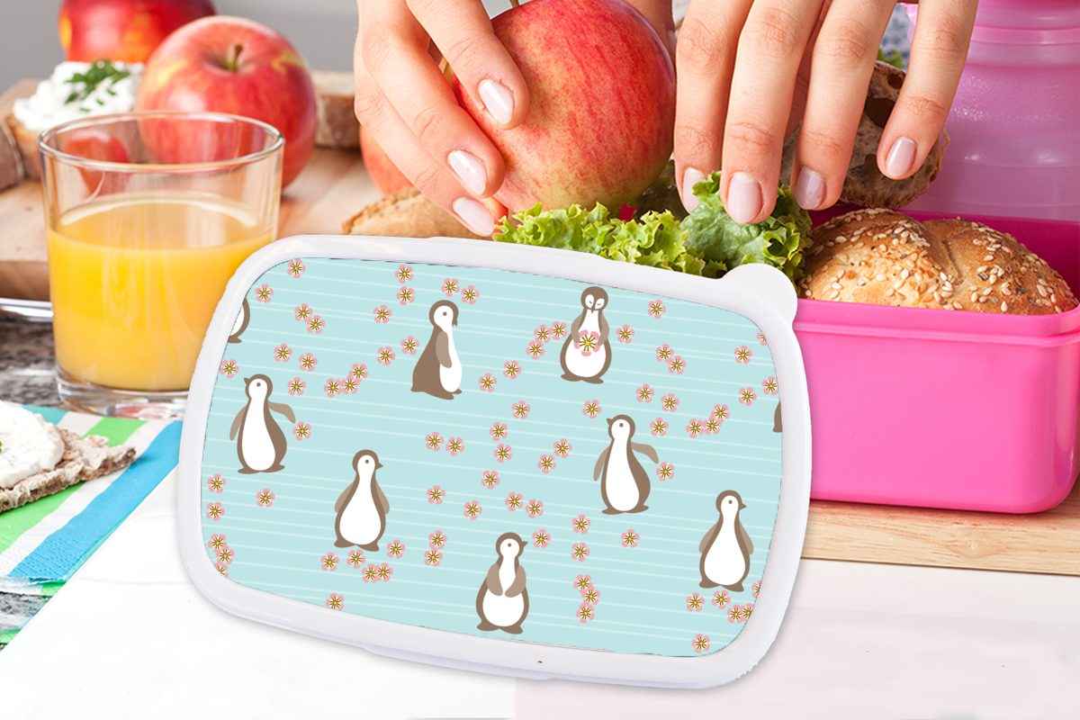 MuchoWow Kinder, Kunststoff, Mädchen, für Kunststoff - - Erwachsene, (2-tlg), Brotbox Pinguin, Gestaltung rosa Blumen Brotdose Lunchbox Snackbox,