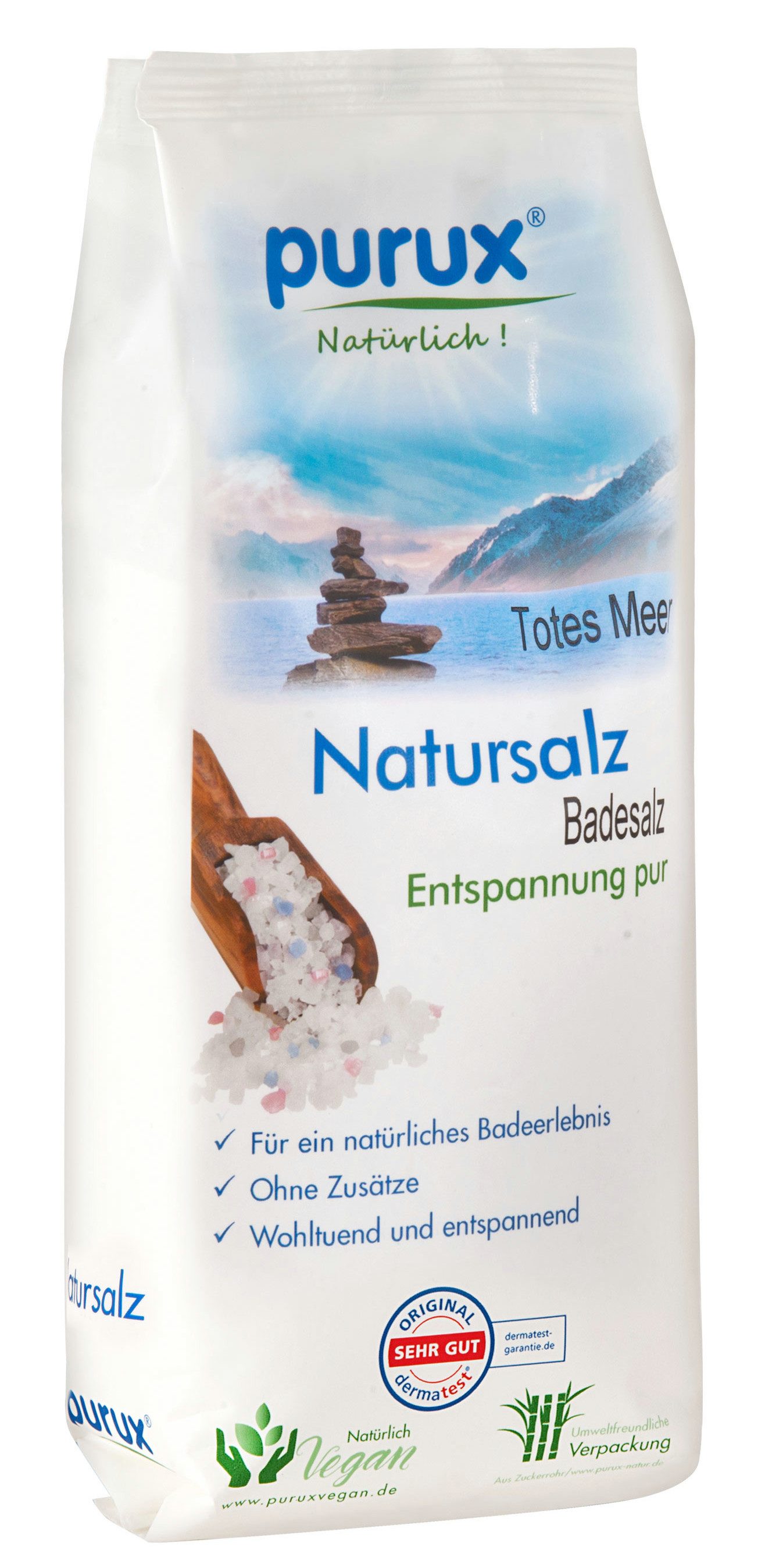 purux Badesalz Totes Meer Salz Badesalz Naturweiß 1kg nachhaltig verpackt