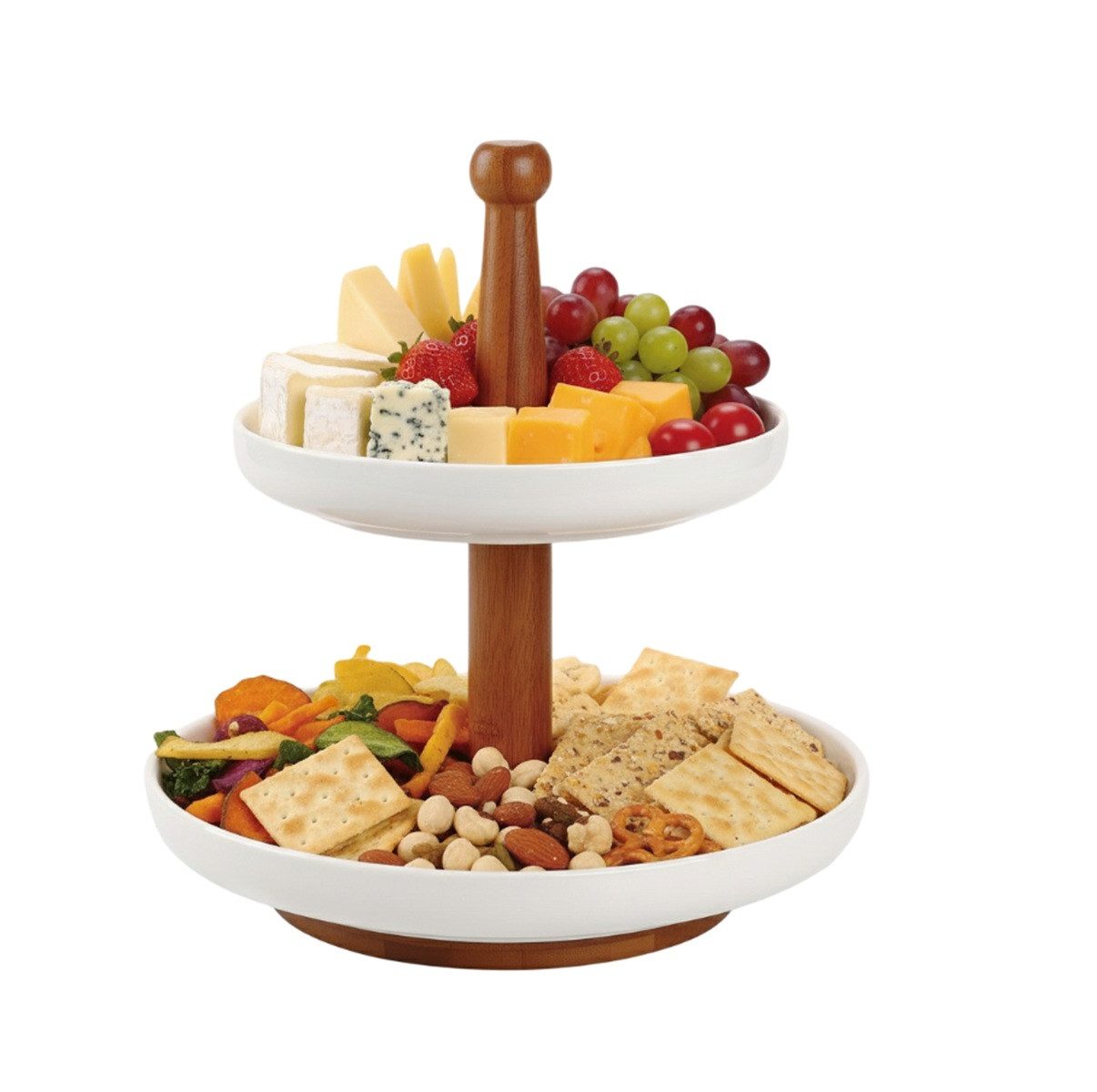 Cheffinger Etagere mit 2 Keramiktellern - Bambus-Servierständer für Gebäck & Snacks, Bambus., Keramik, (3-tlg)