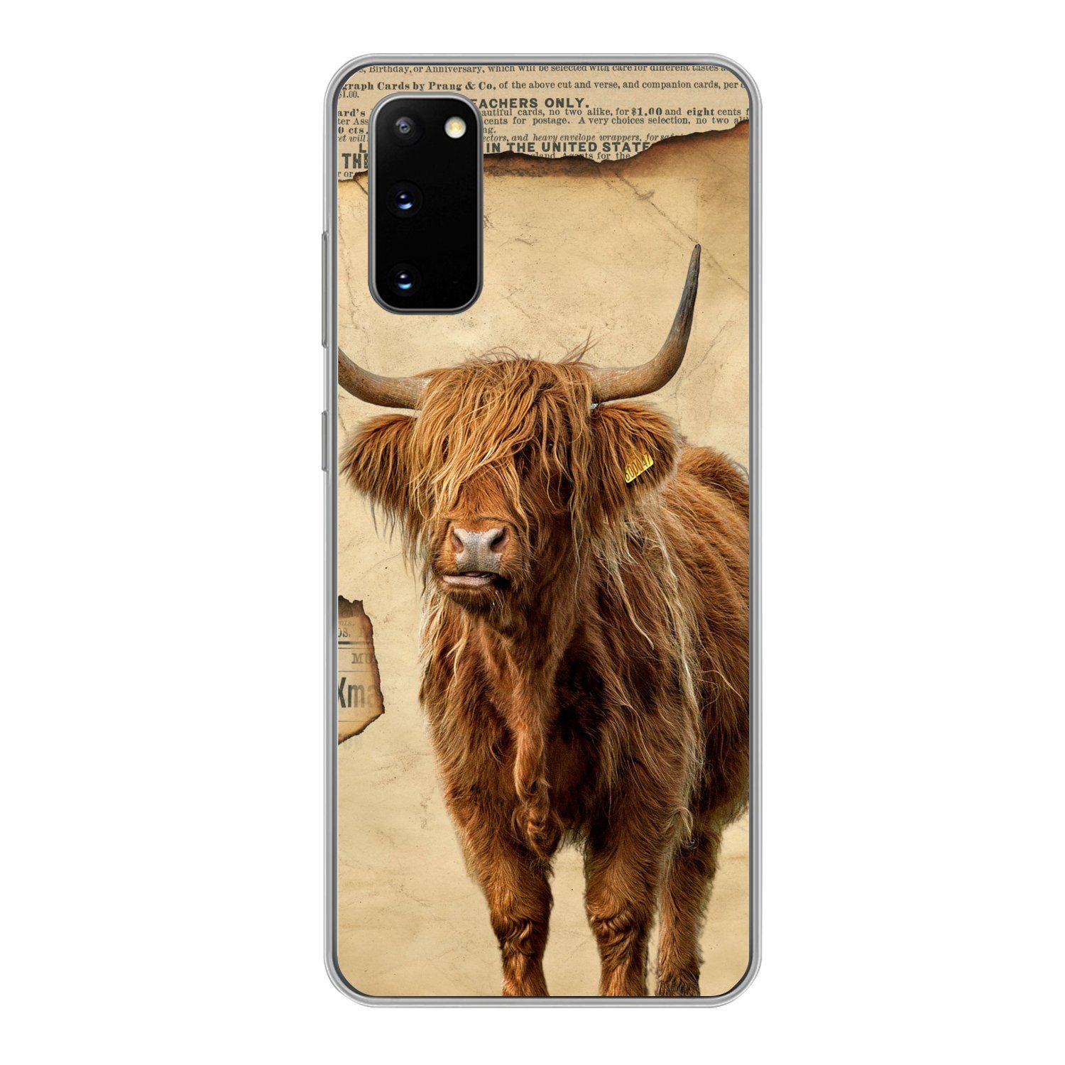 MuchoWow Handyhülle für Samsung Galaxy S20 Schottischer Highlander - Retro - Zeitungsartik, Phone Case, Silikon, Schutzhülle Dünn