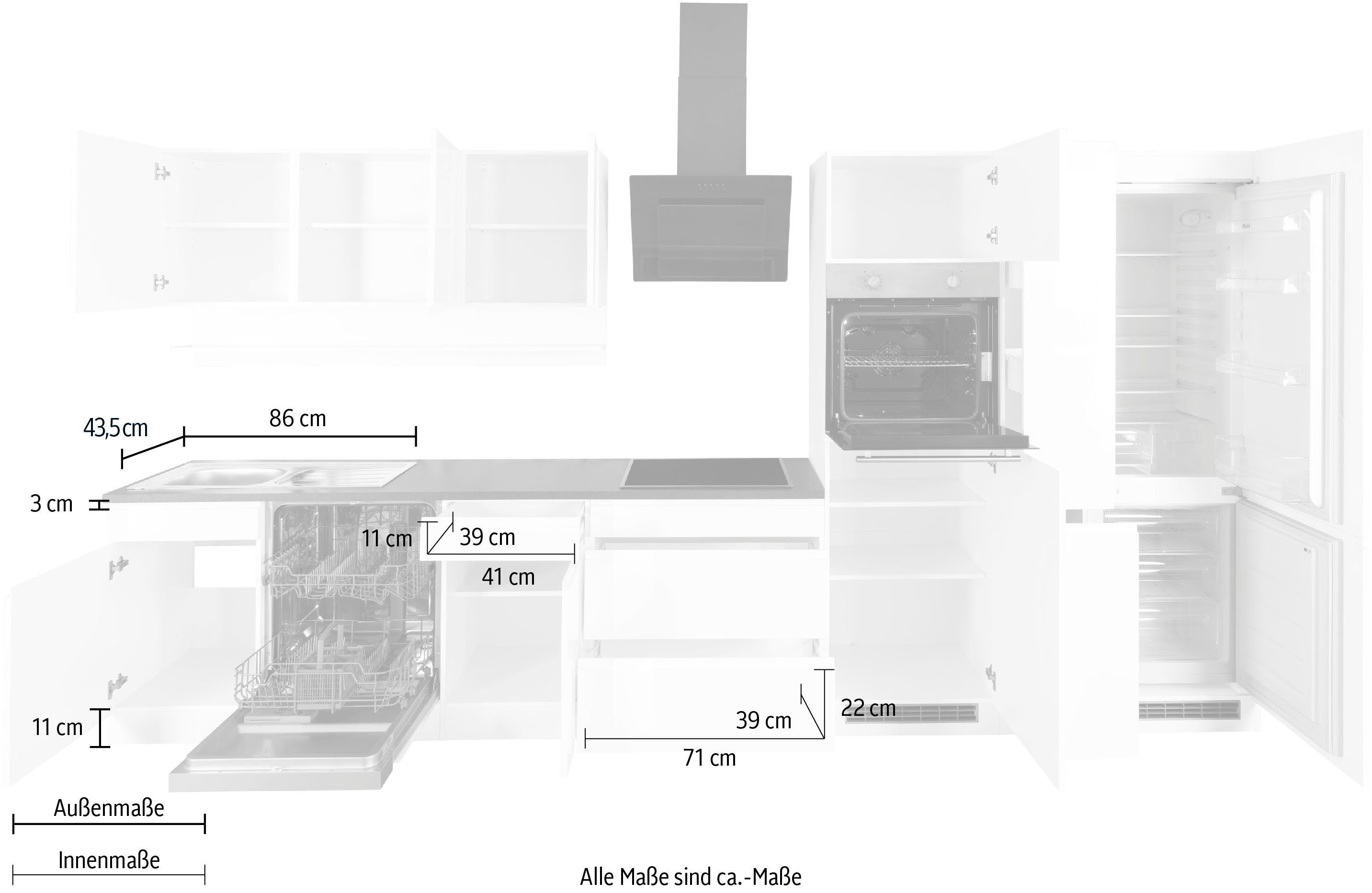 KOCHSTATION Küchenzeile KS-Virginia,neu in verbesserter Ausführung, Breite 390 cm, Soft-Close, mit Glaskeramik-oder Induktionskochfeld
