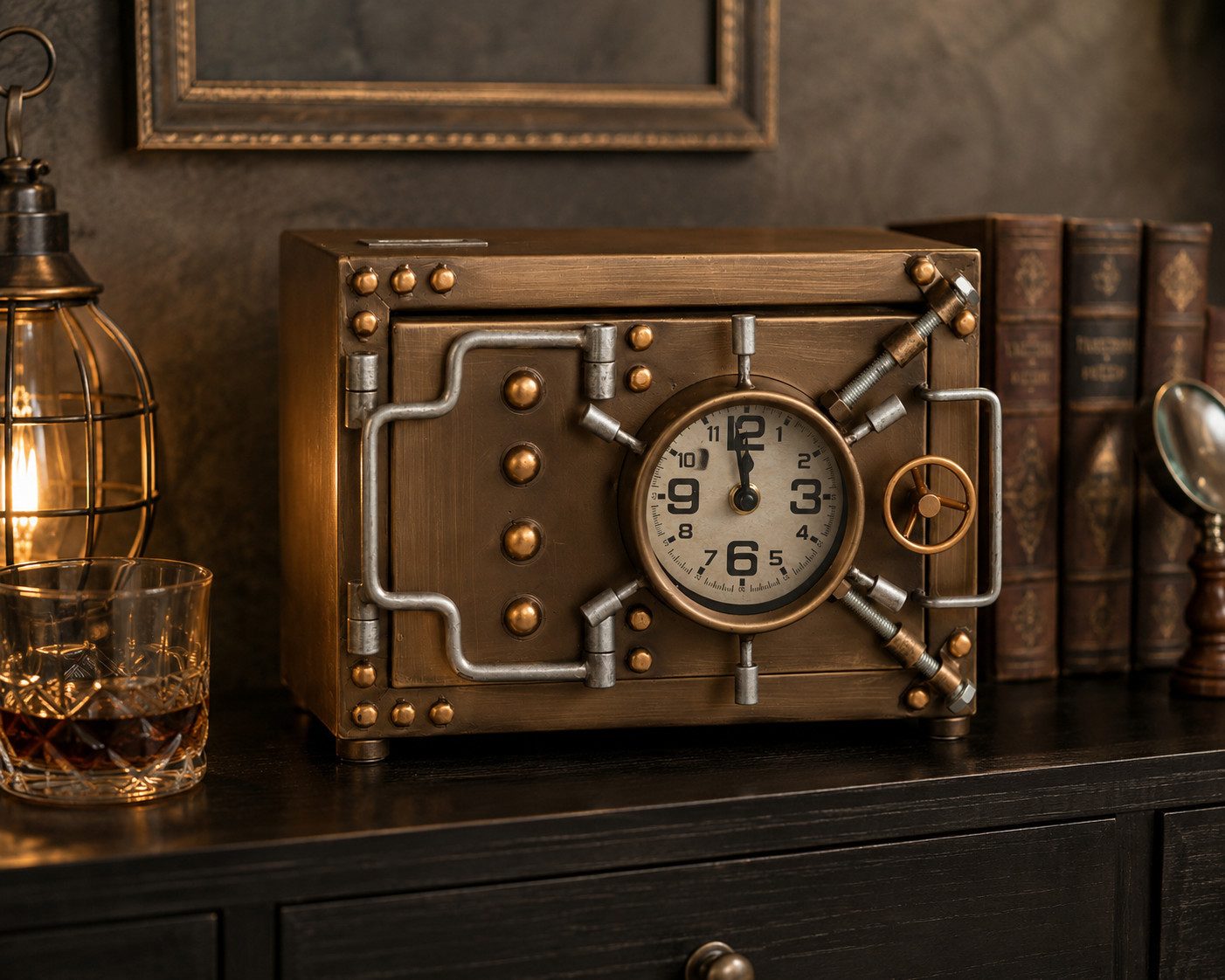 MF Tischuhr Tischuhr Tresor Design Metall Gold Vault Time