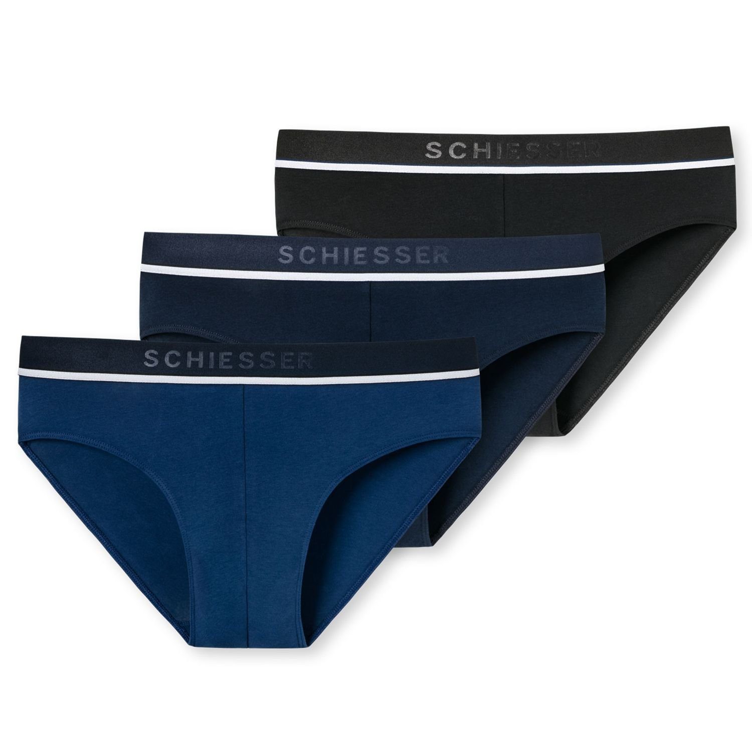 Schiesser Slip (3-St) ohne Eingriff, aufgedoppelter Frontbereich im 3er Packk schwarz / navy / blau | Klassische Panties