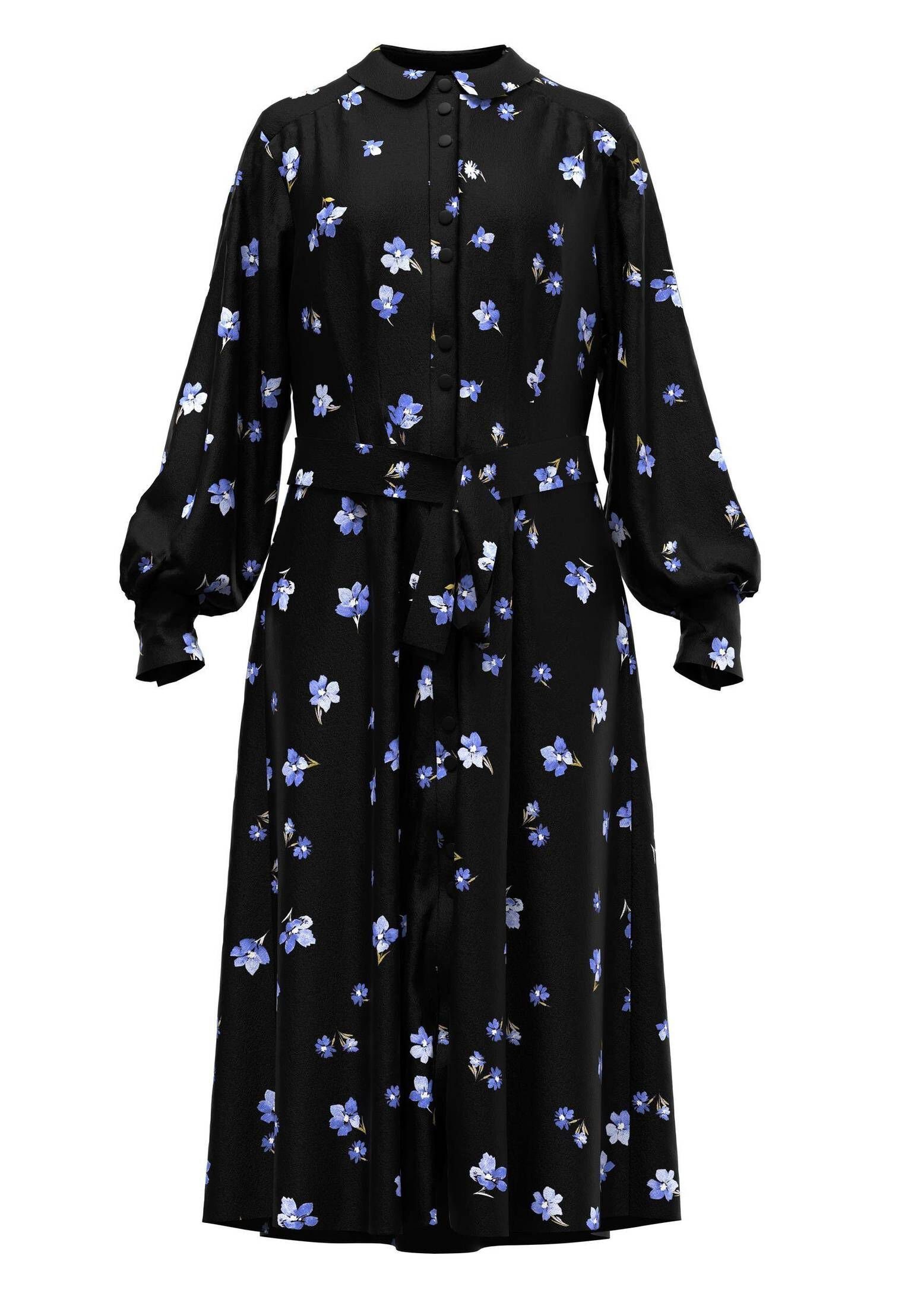 (84) Damen DRESS blueblack AOP FEMME SELECTED Kleid Sommerkleid SLFWALDA MIDI LS (1-tlg)