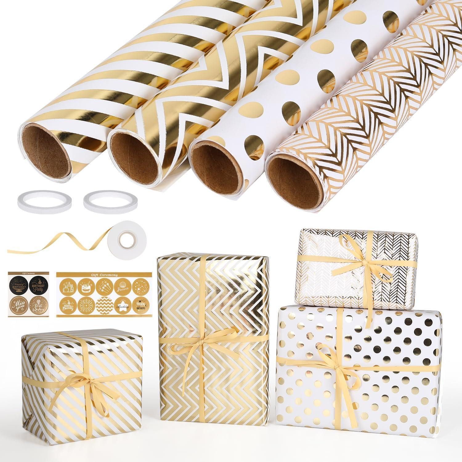 LuxusKollektion Geschenkpapier Geschenkpapier Set Gold 4 Rollen mit Zubehör, (4St)