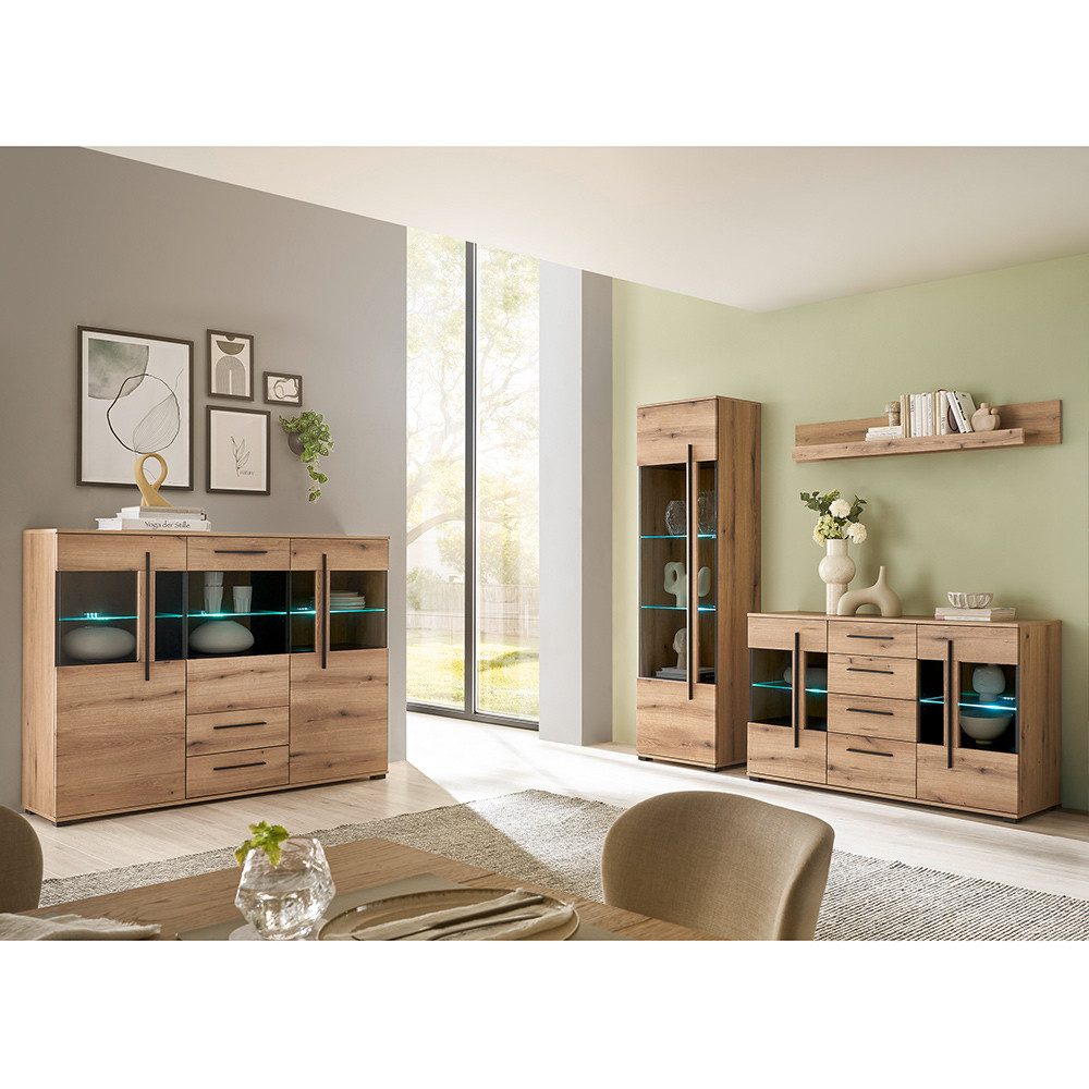Lomadox Wohnzimmer-Set COLORADO-61, (Mega-Spar-Set, 4-St., Highboard Vitrine Kommode Wandregal), in Eiche mit LED Glasbodenbeleuchtung und Softclose Schubladen