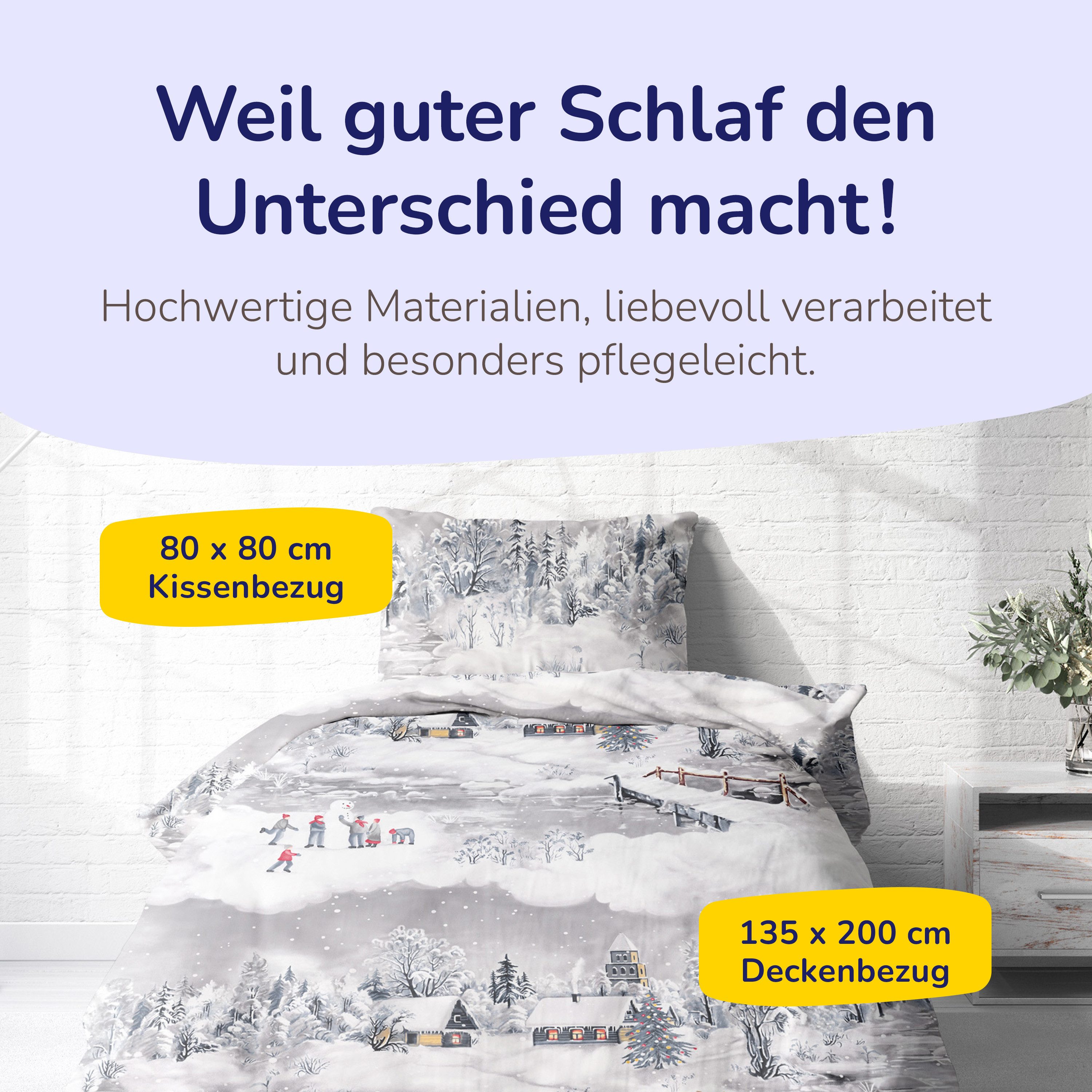 Träumschön Bettwäsche Biber 135x200 cm oder 155x220 cm, Weihnachten Schneelandschaft, Biber, 2 teilig, mit Reißverschluss, 100% Baumwolle, kuschelig warm im Winter