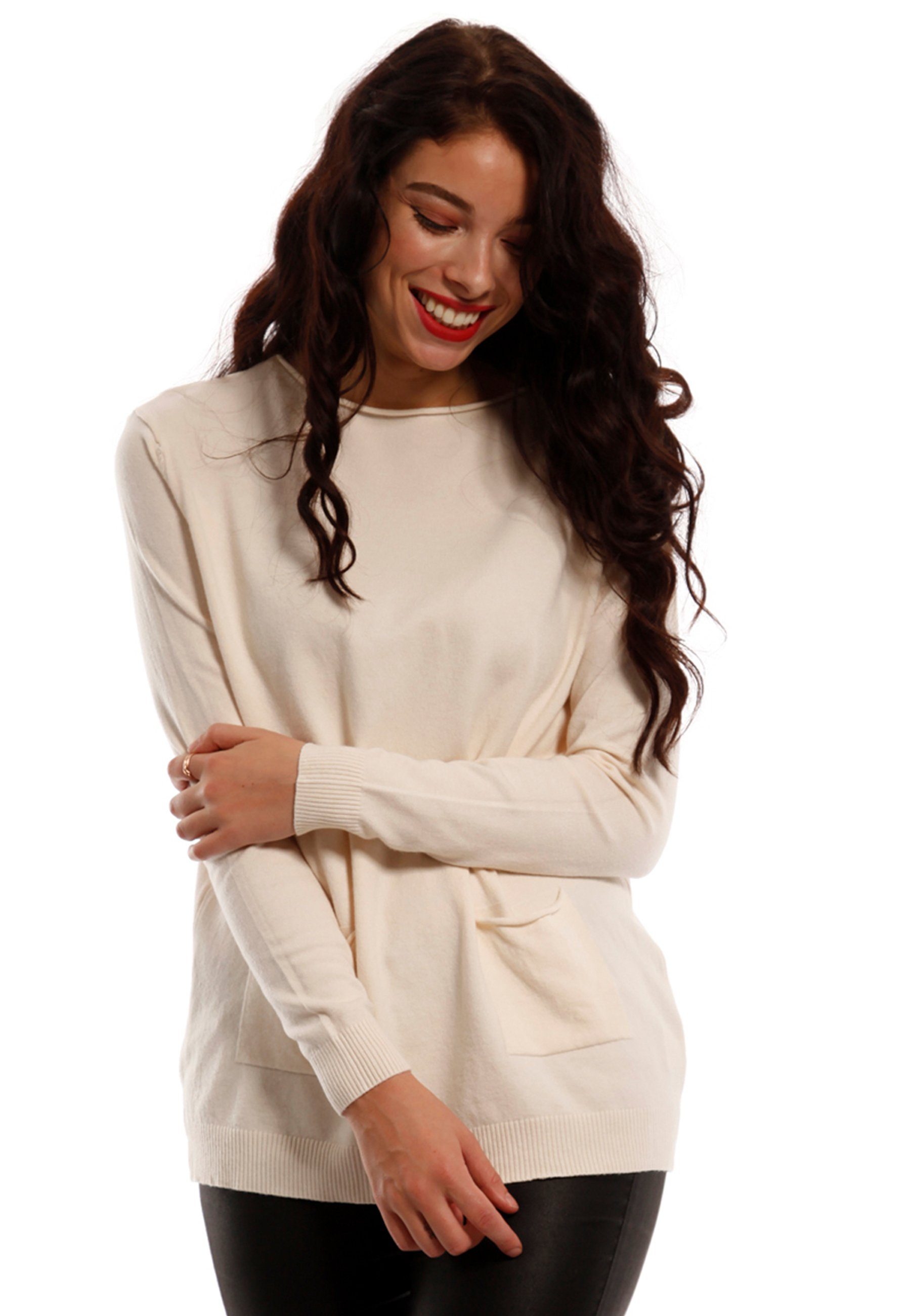 YC Fashion & Style Rundhalspullover Pullover mit Einschubtaschen Feinstrick (1-tlg) casual beige
